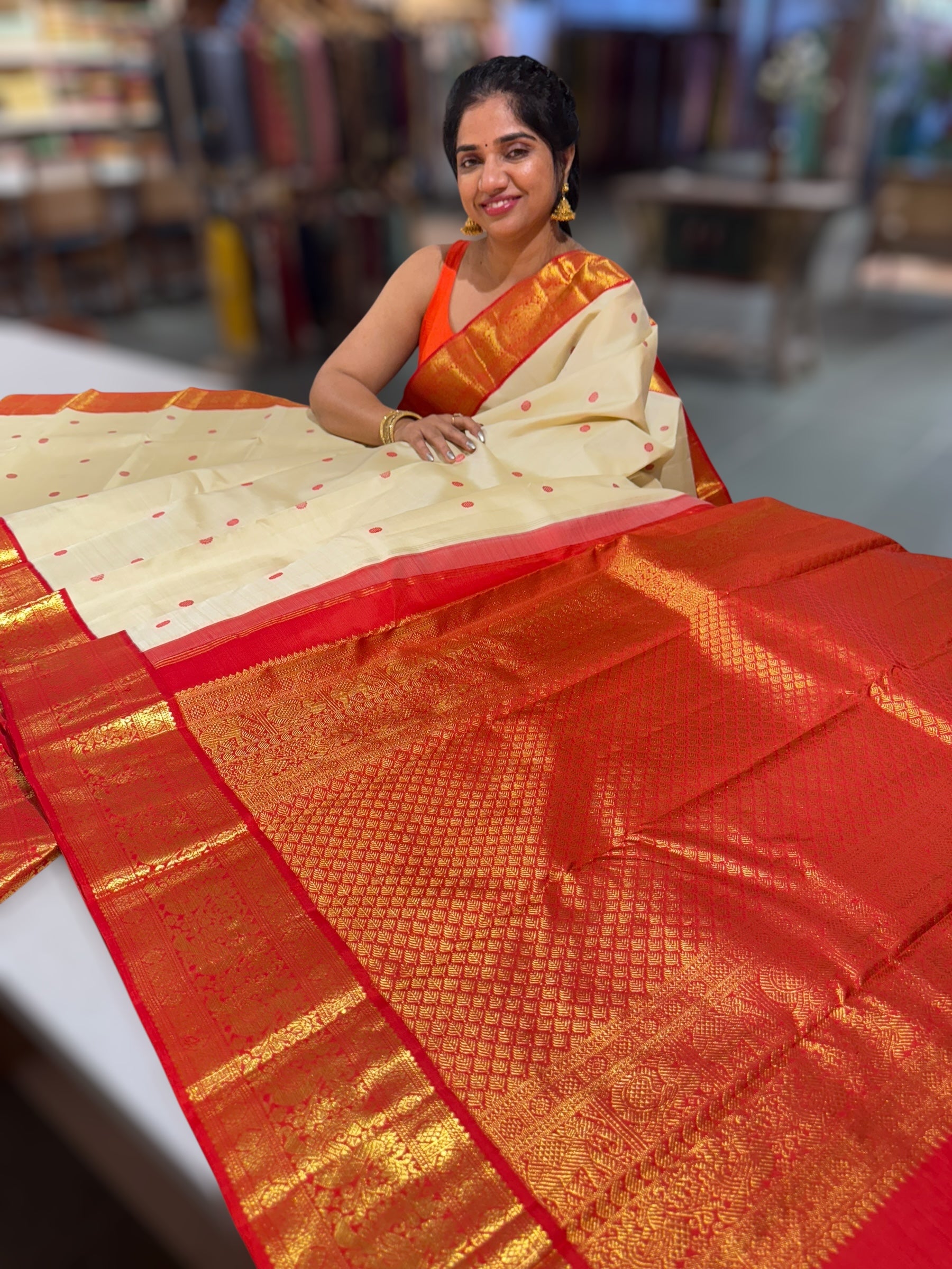 Ivory & Reddish Orange Combo Kanchi Vintage Saree