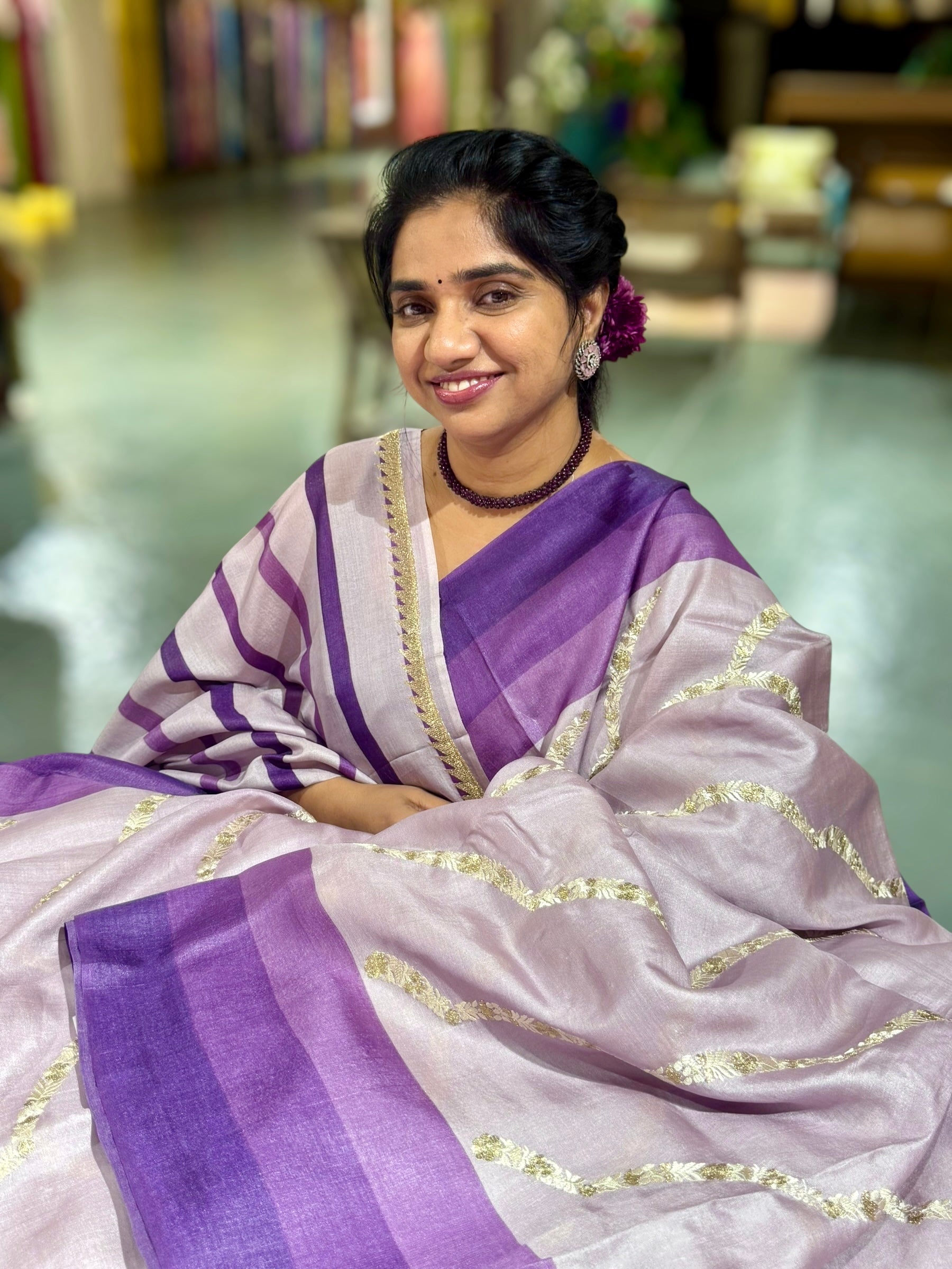 Lilac Embroidered Tussar Saree