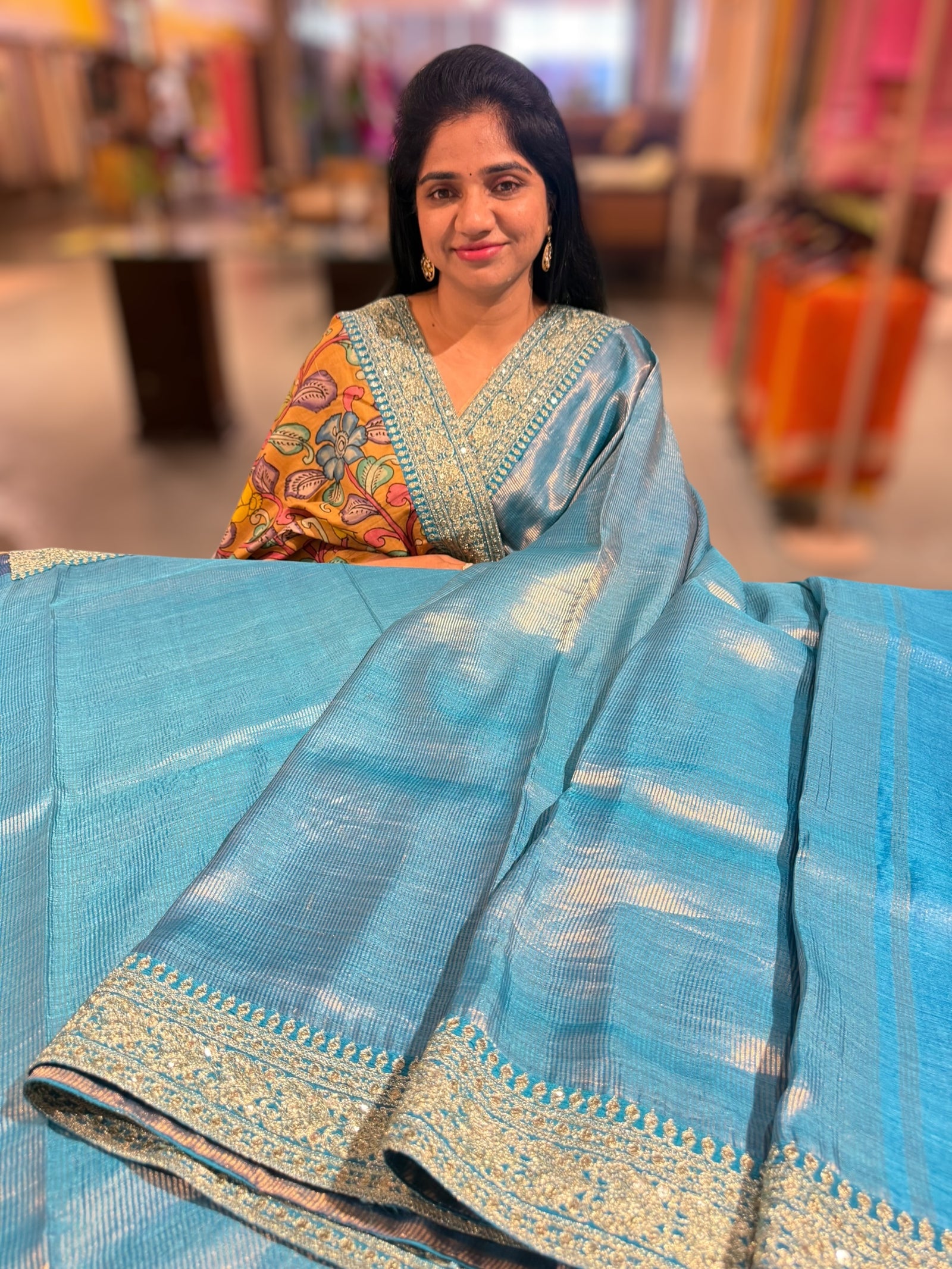 Copper sulphate kora Muslin Tissue fusion saree