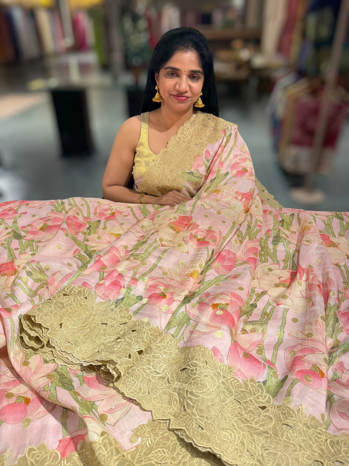 Baby Pink Banarasi Munga Printed Tussar Khaddi With Tissue cutwork Rose Border