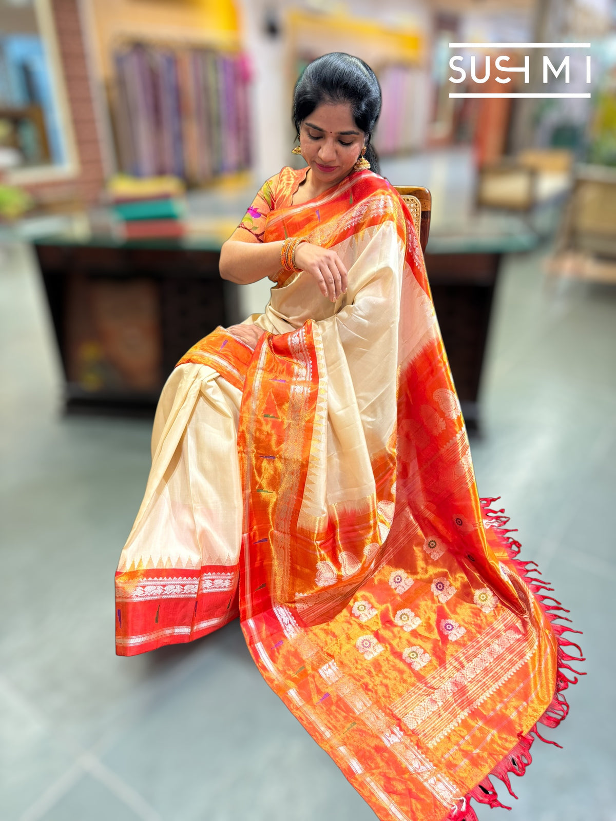 Beige Gadwal Silk Saree with Paithani border : S62F180