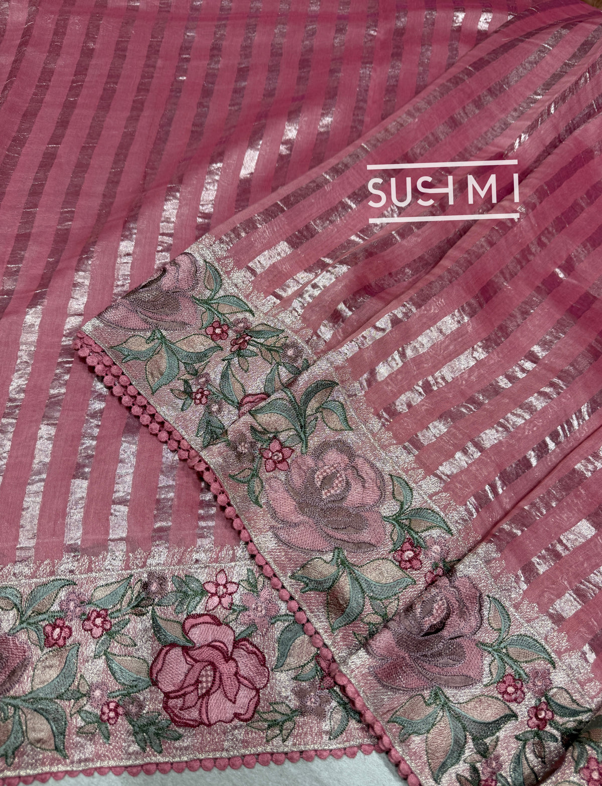 Coral Pink mul tissue Saree with embroidery  : SM025