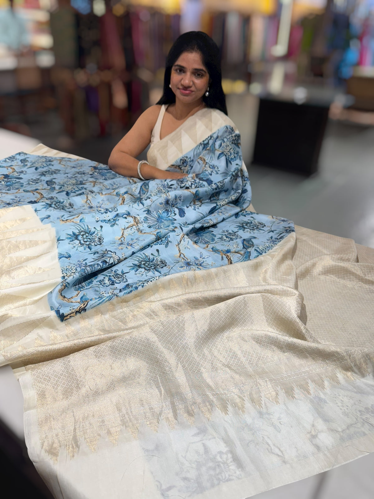 Kanchi soft silk Designer printed saree with temple border