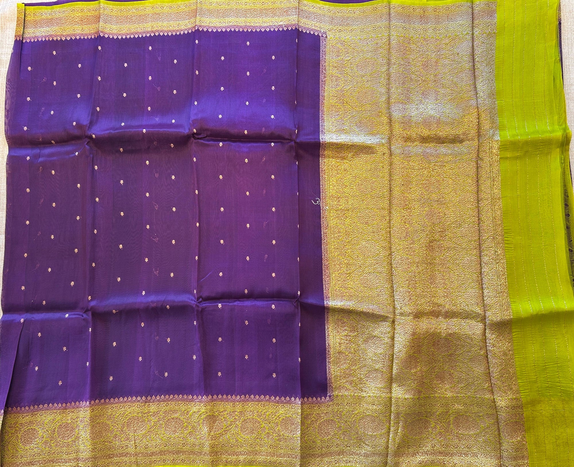 Brinjal & Neon Green Combo Pure Handloom premium Kora Banarasi Saree