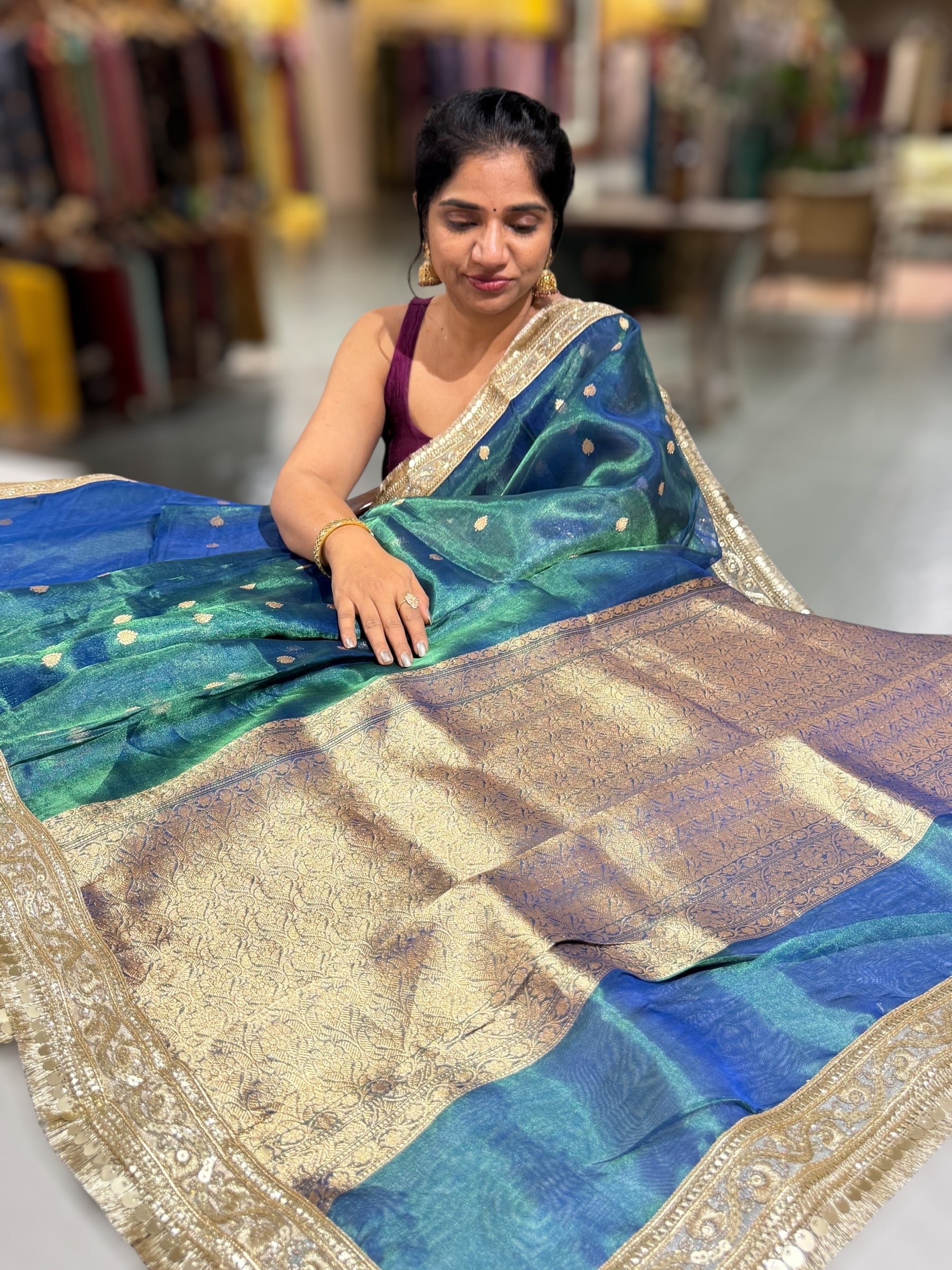 Peacock Bluish Green Pure handloom Banarasi Tissue saree