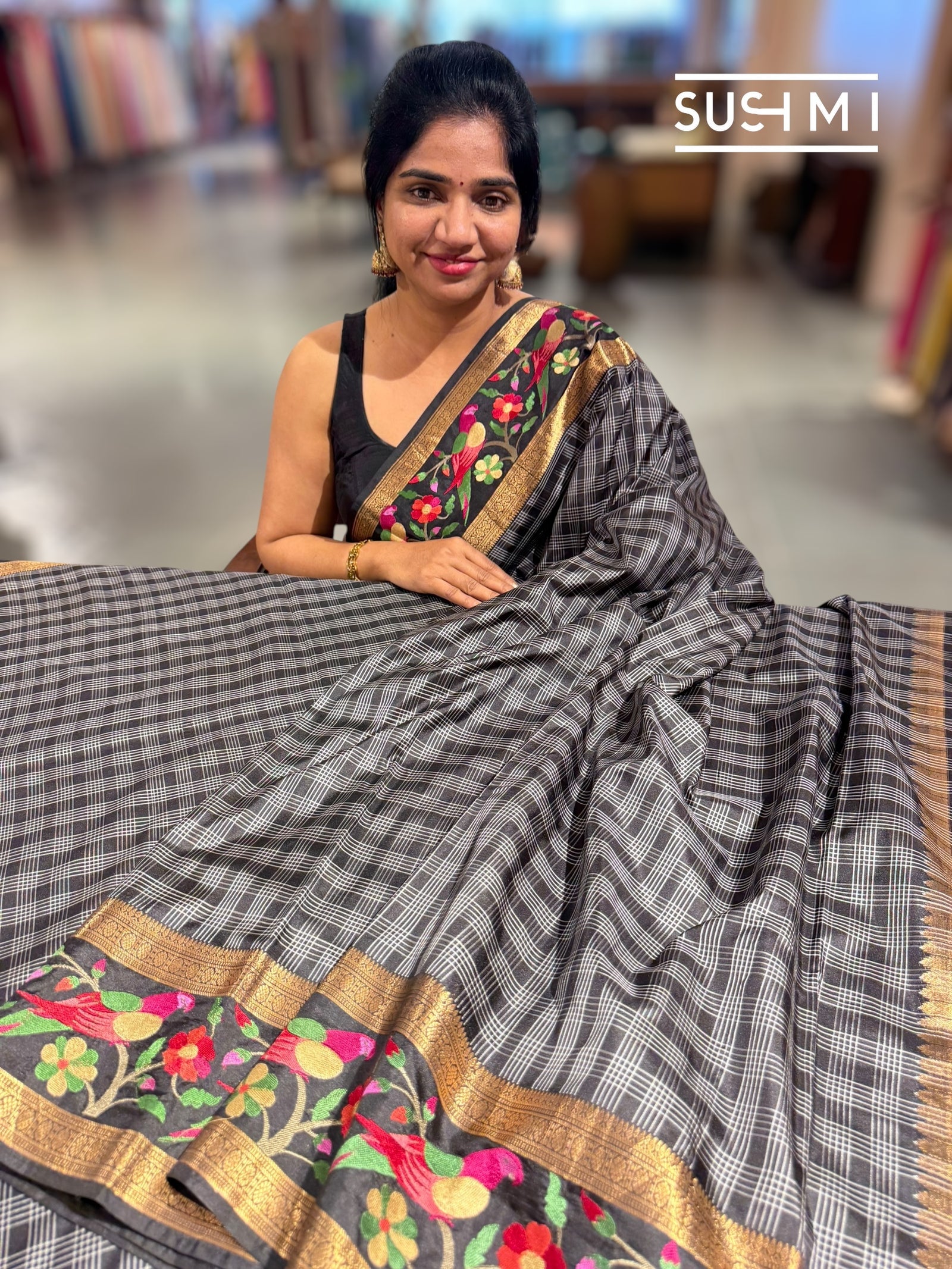 Black Vintage checks Kanjeevaram soft silk saree with embroidery D62F042