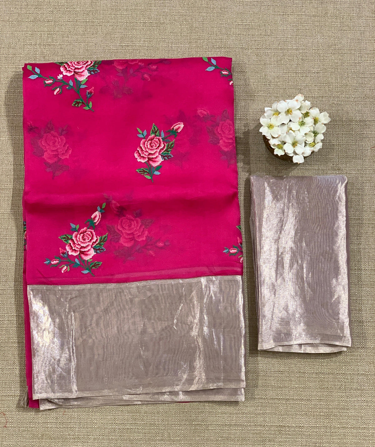 Rani Pink Pure Organza Saree with pure Tissue Border