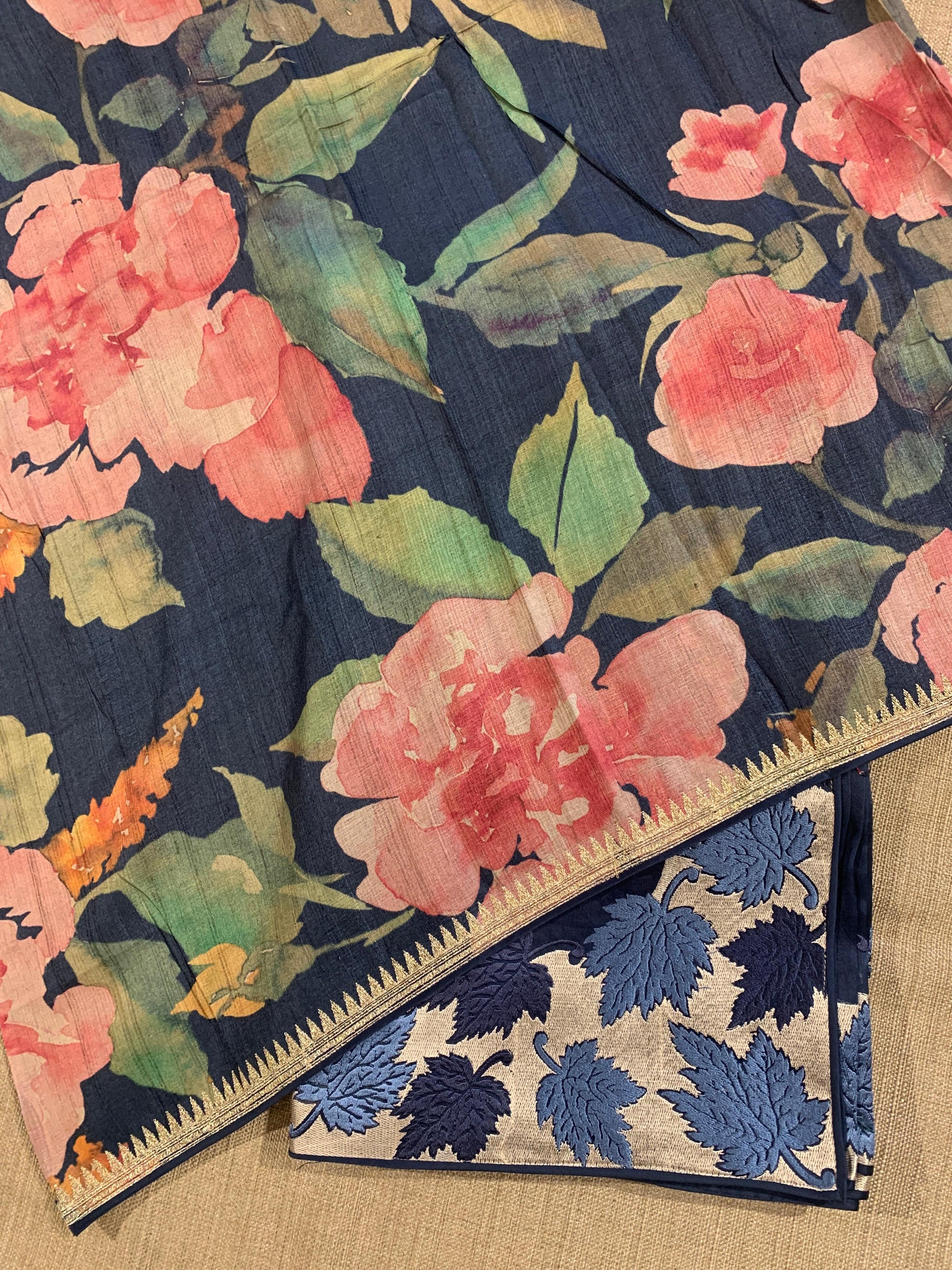 Midnight Blue Organza Saree with Stunning Leaf Embroidered Border