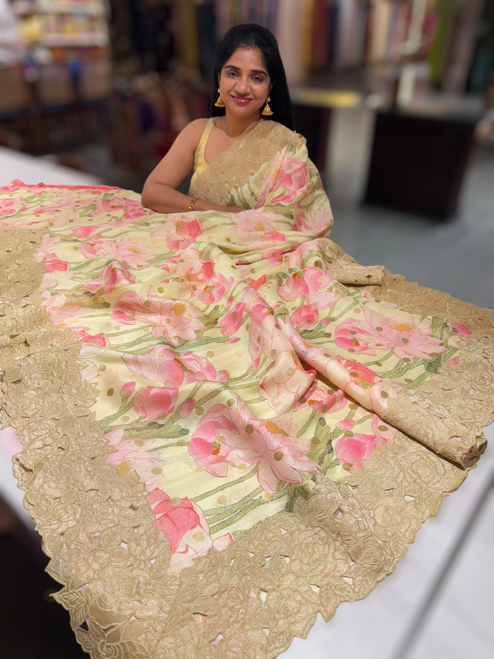 Mint Banarasi Munga Printed Tussar Khaddi With Tissue cutwork Rose Border