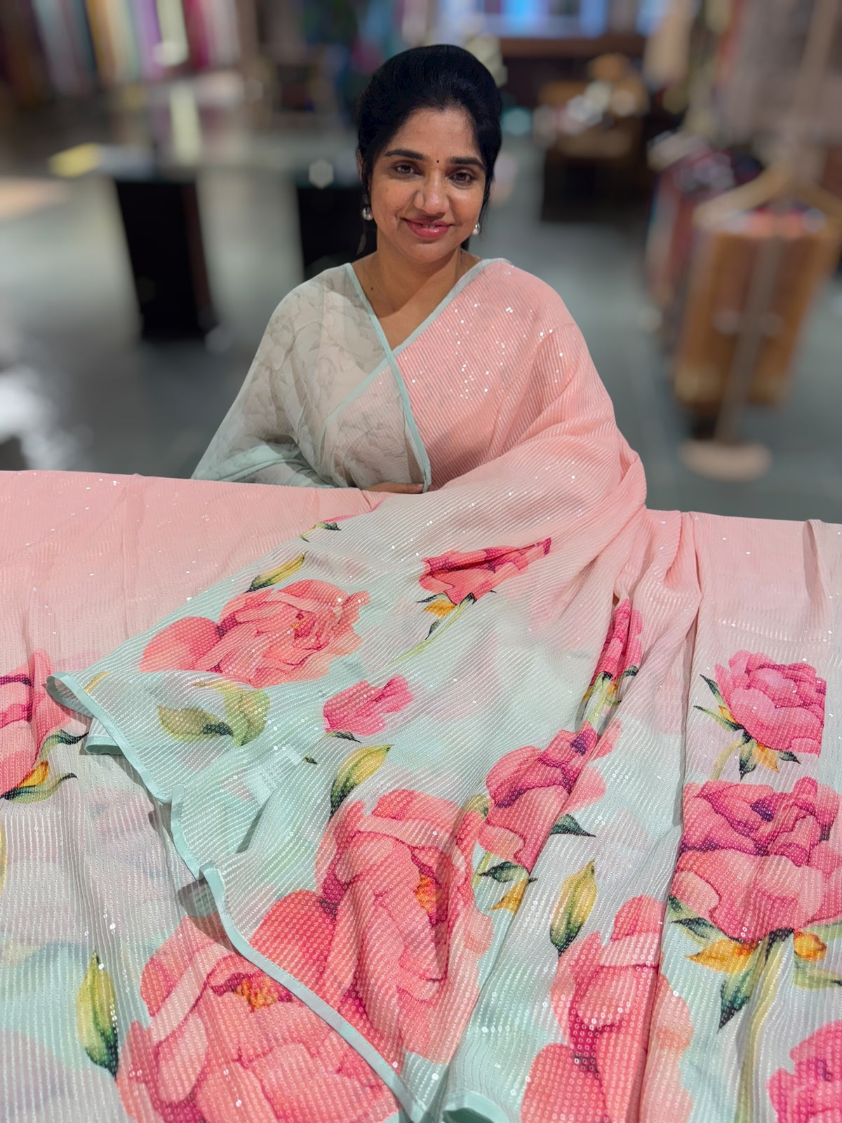 Pink & Blue shaded Georgette sequence Sarees with statement Floral print