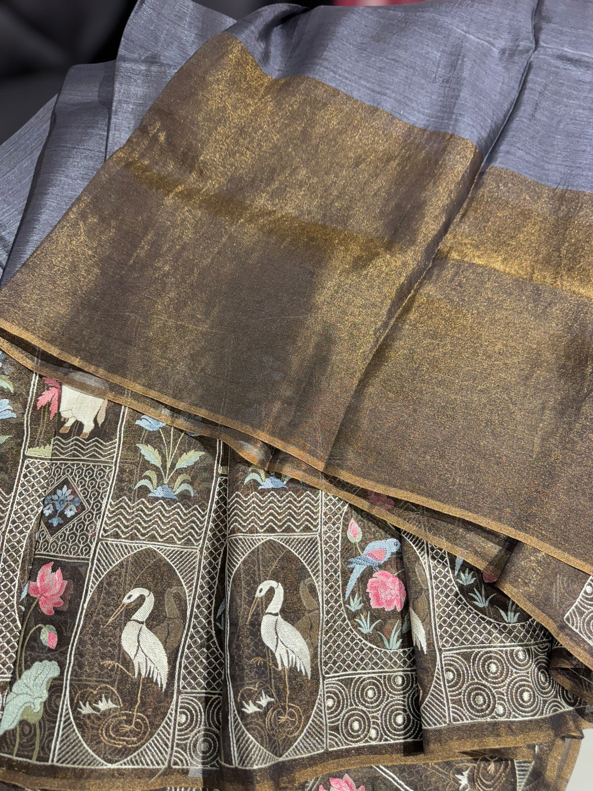 Black Kora-Tussar blend Handloom Saree with Tissue embroidered Skirt Border