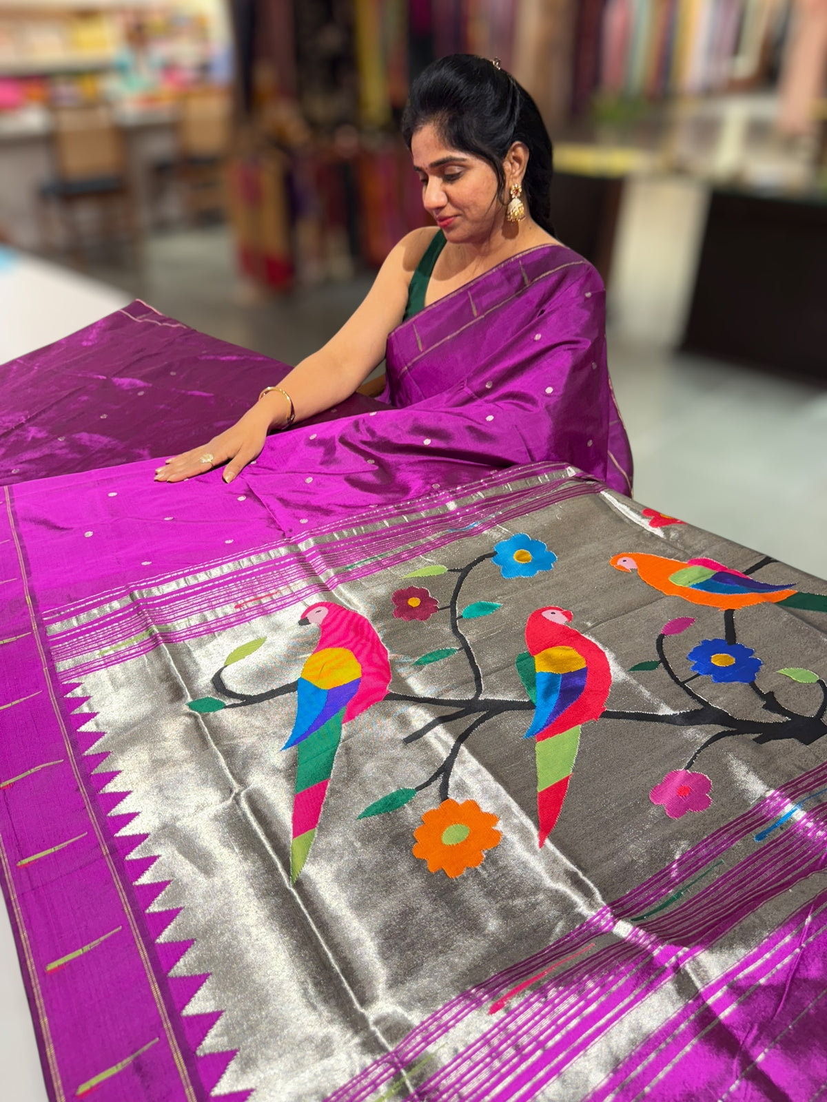 Purple Pure handloom paithani silk saree with single muniya border