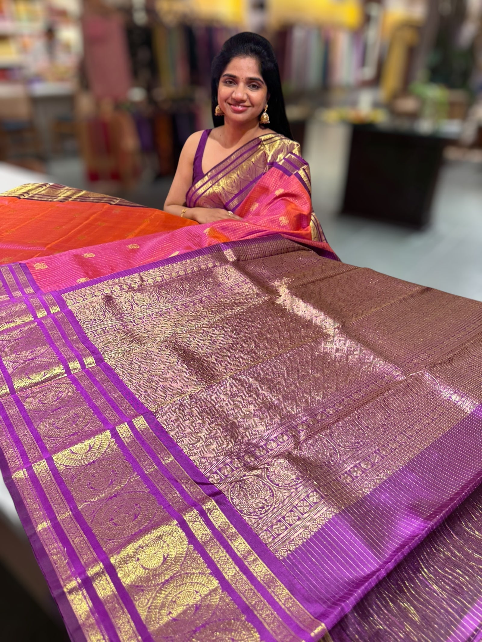 Orangish Pink Vintage kanchi checks  saree