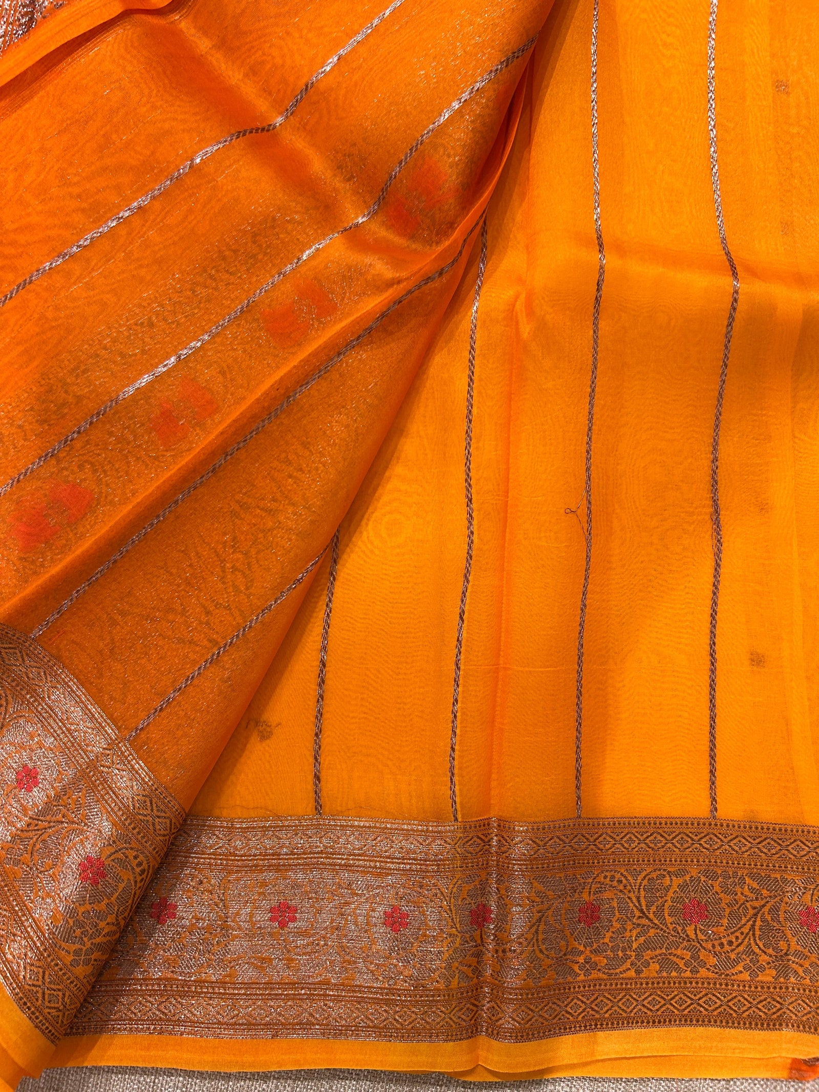 Yellow & Orange Combo Pure Handloom premium Kora Banarasi Saree with meenakari border