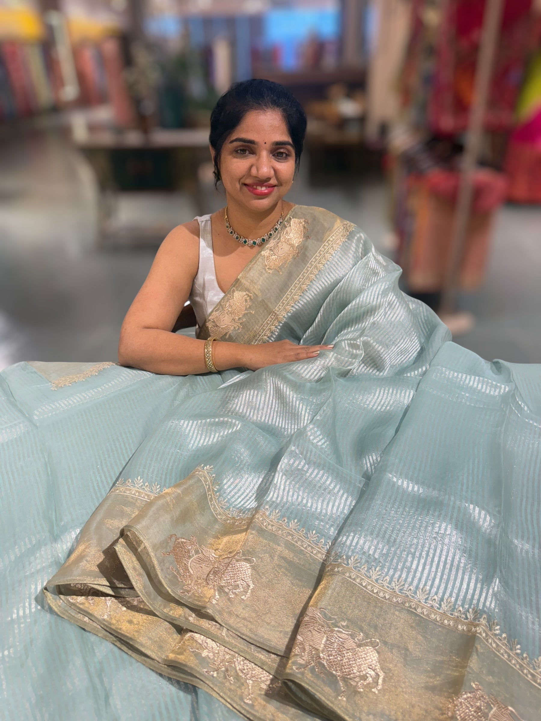 Pastel Blue Kora tissue stripes Saree with Nandi embroidered tissue border