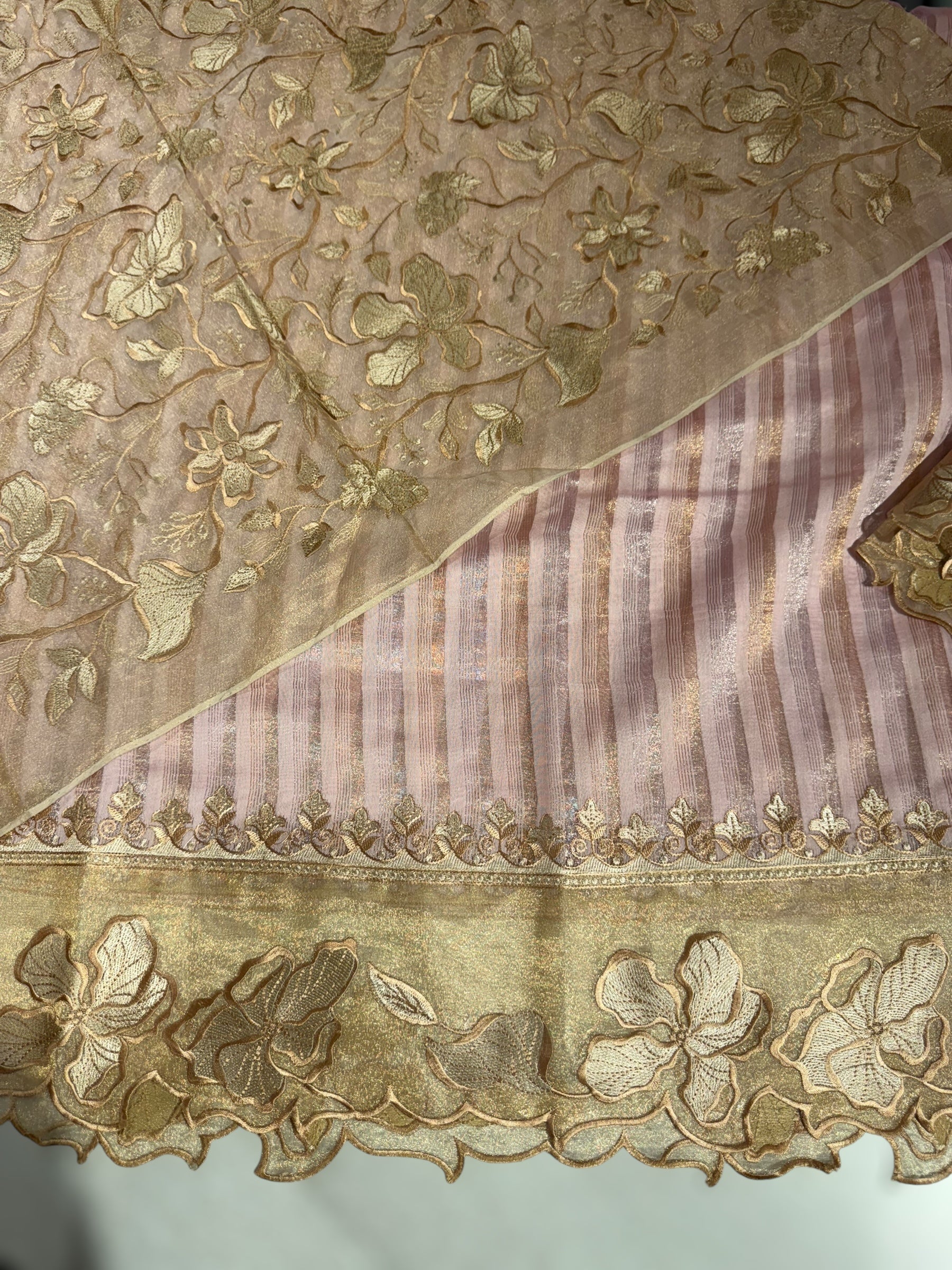 Pastel Pink Mul Tissue Stripes Saree With Tissue Cutwork  Border & Blouse