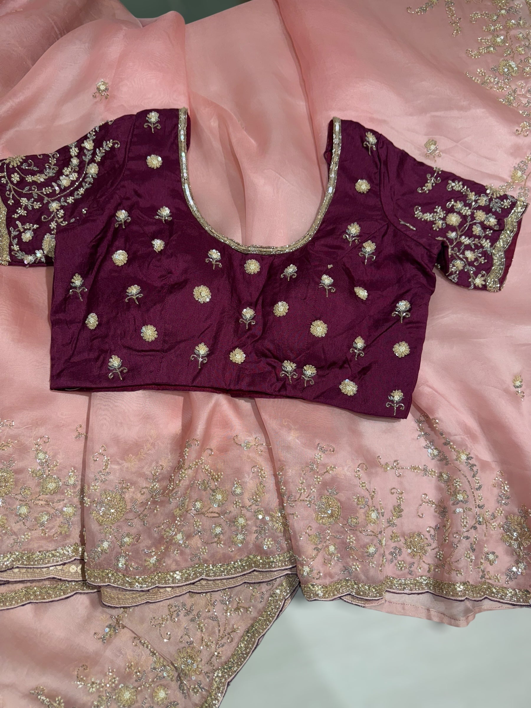 Blush Pink Organza heavy handwork saree with ready to wear blouse