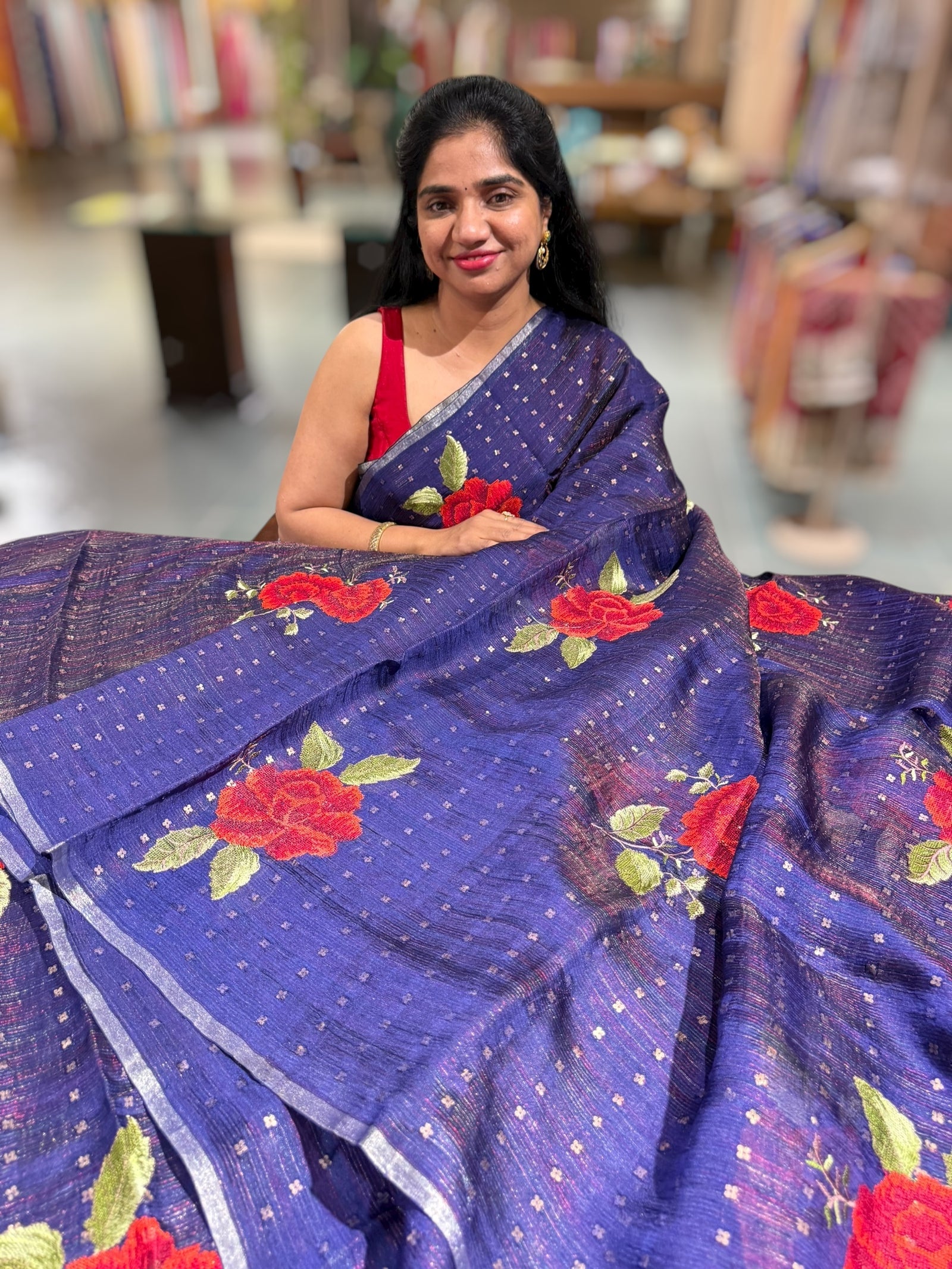 Violet Tussar Kota Saree with embedded sequnce and hibuscus flower embroidery