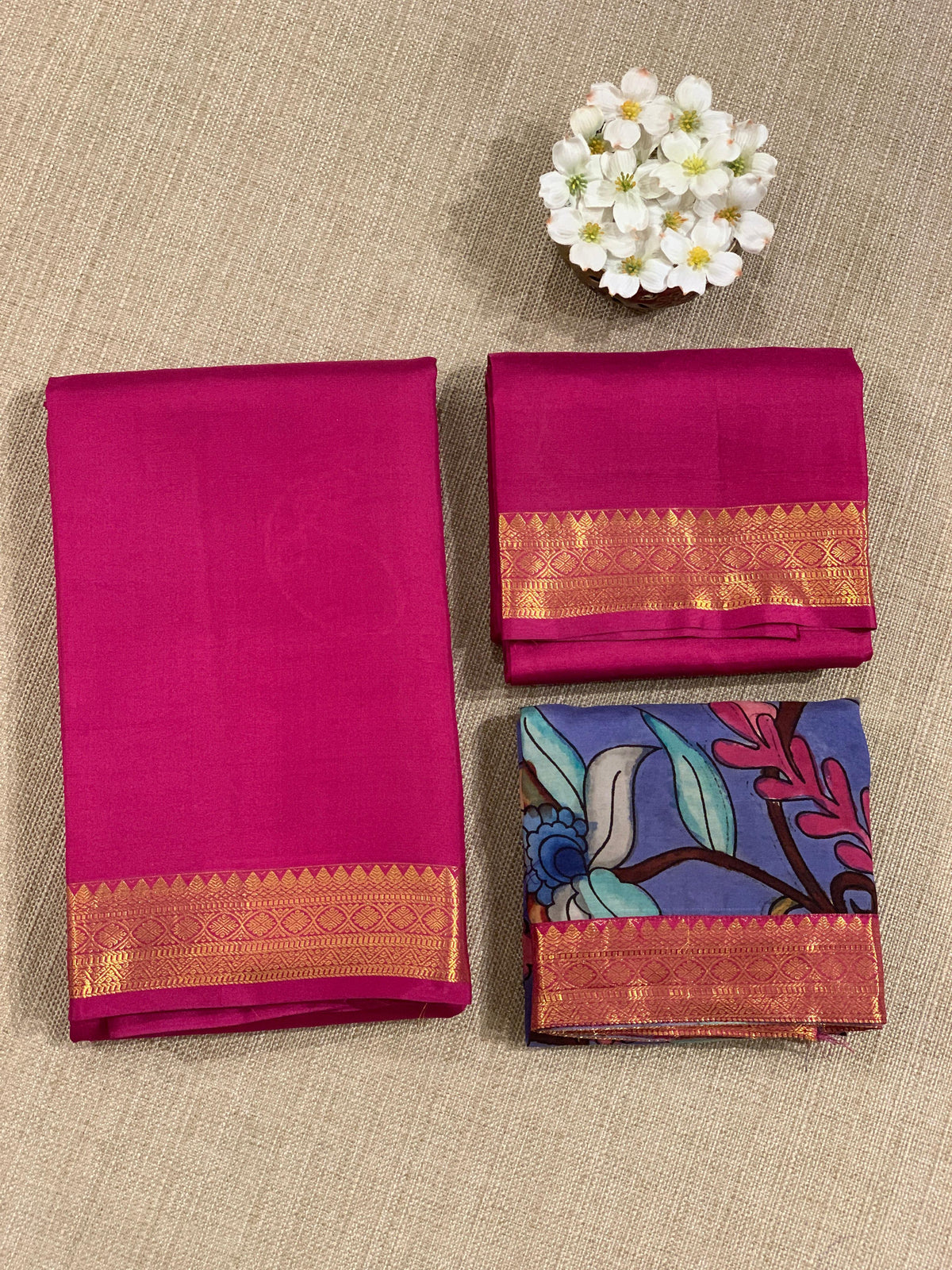 Ruby Pink vintage Kanchipuram silk saree with pen kalamkari blouse