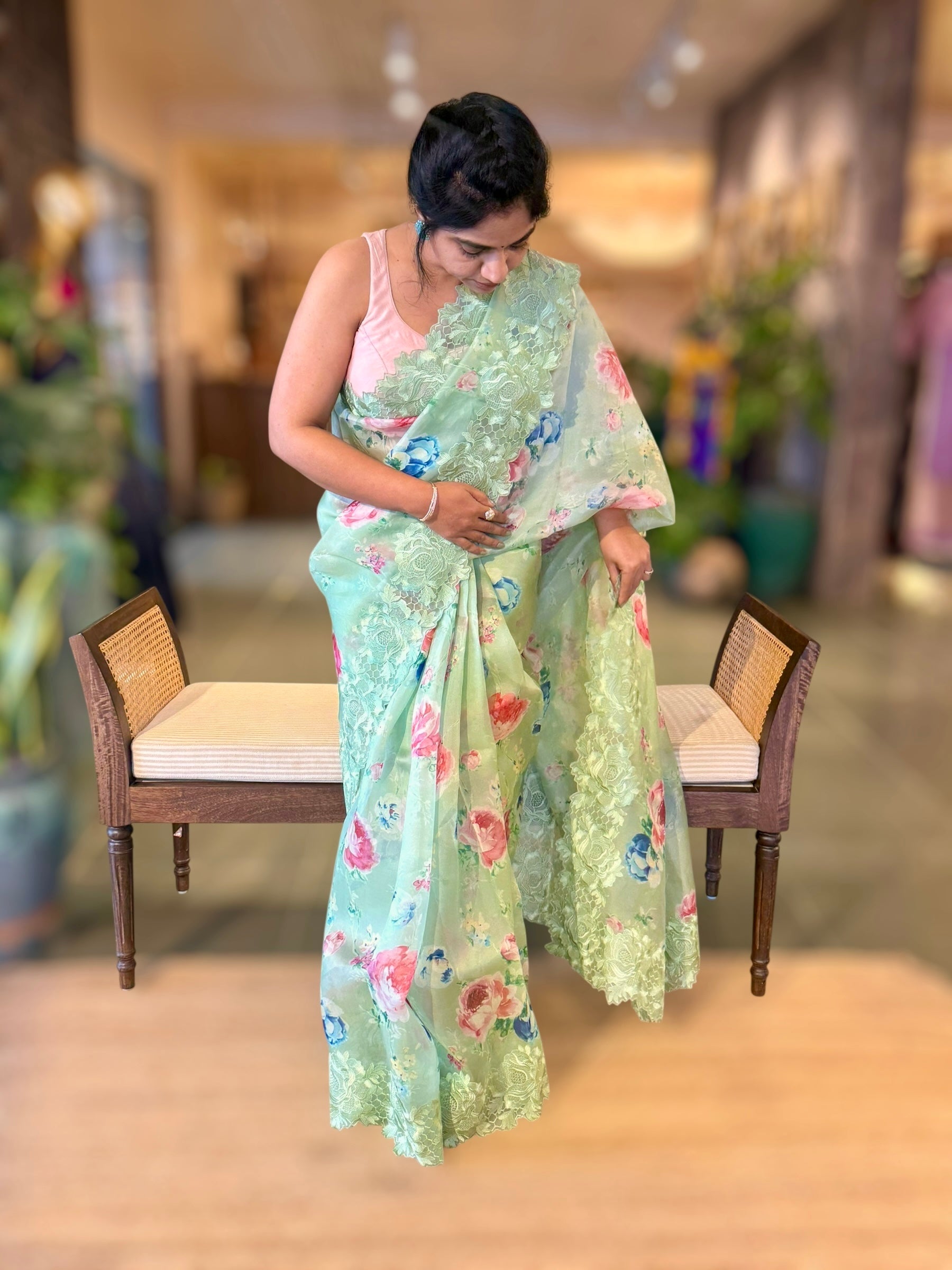 Mint Floral Printed Organza Saree With Chantilly Lace Style Embroidered Border.