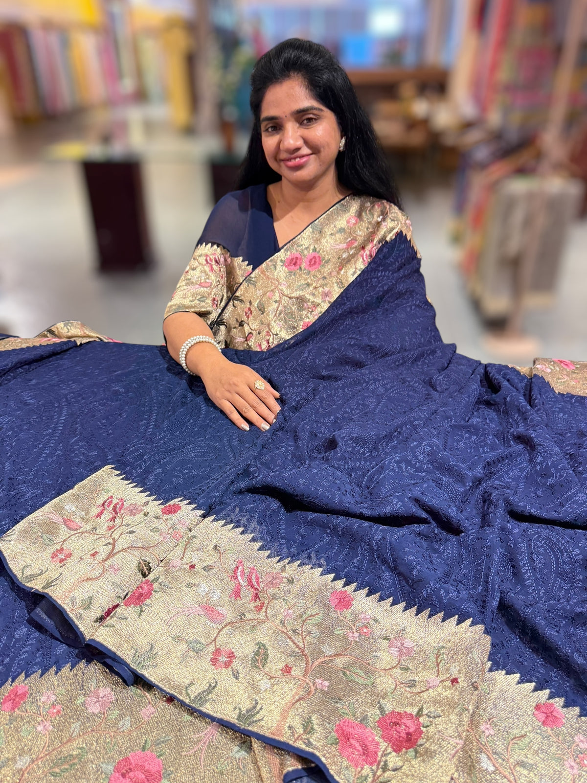 Midnight Blue Chikankari Georgette Saree with Tissue embroidered Border