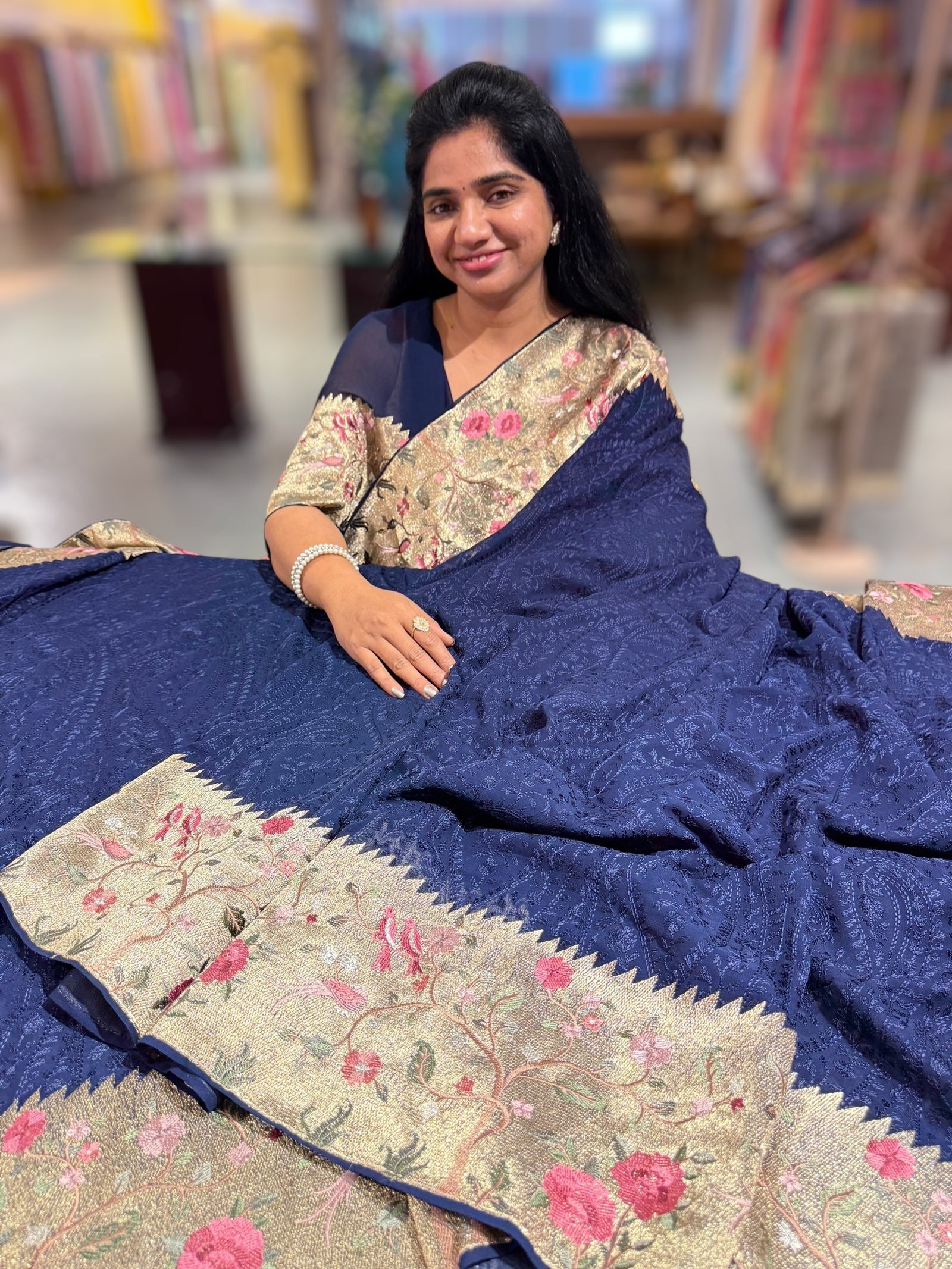 Midnight Blue Chikankari Georgette Saree with Tissue embroidered Border