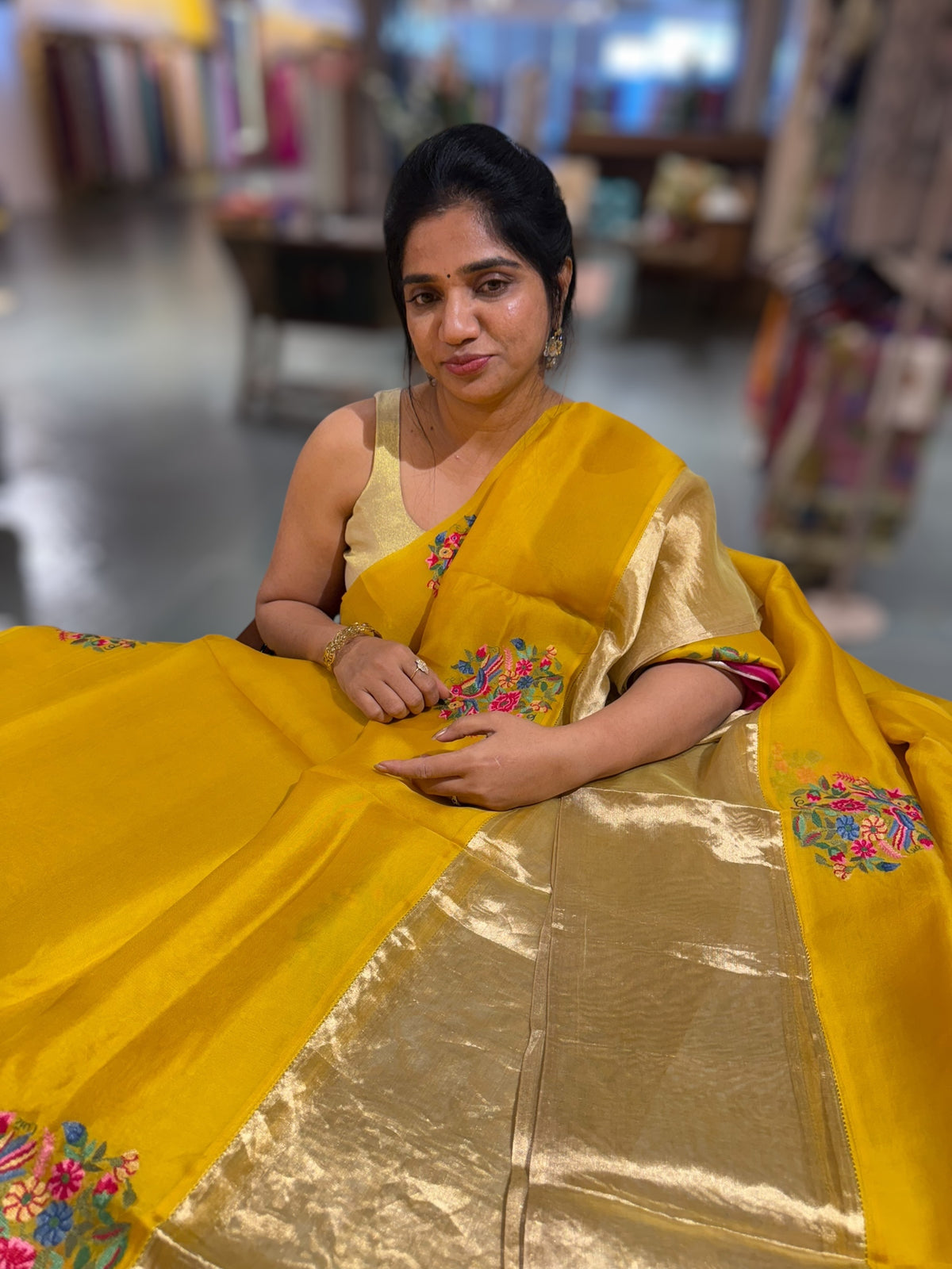 Yellow Organza Saree with pure Tissue Border