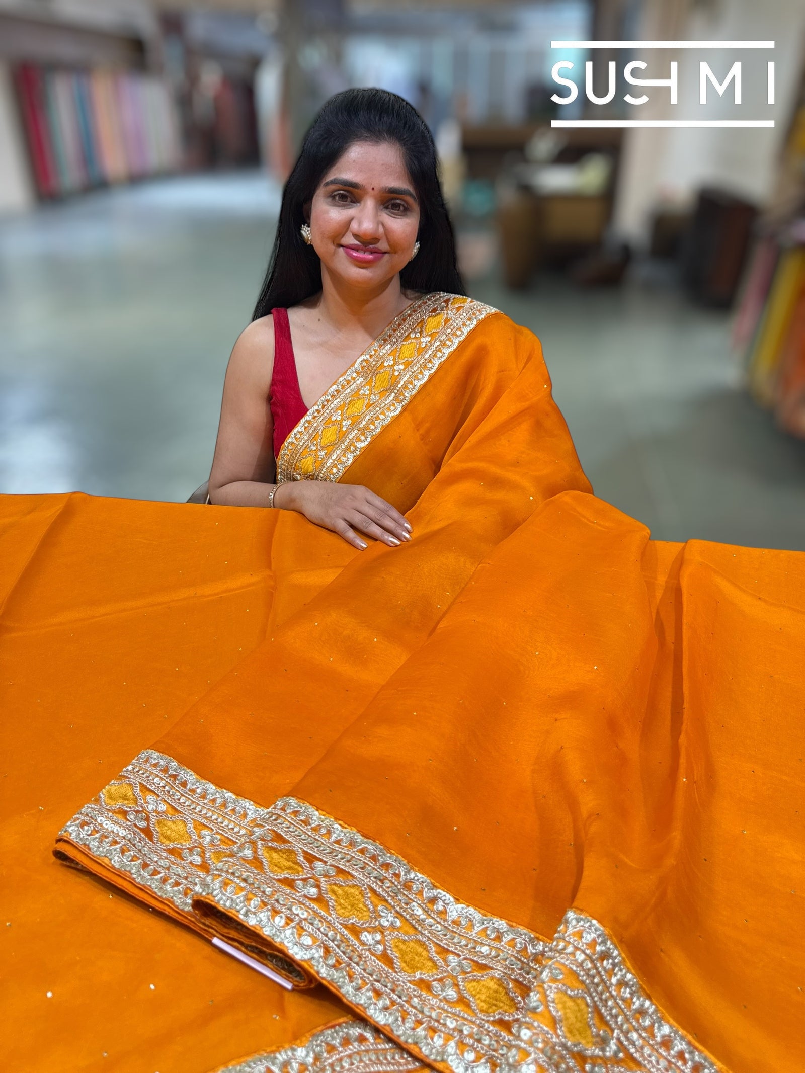 Marygold Orange pure Organza with sabhya borders : S62F146
