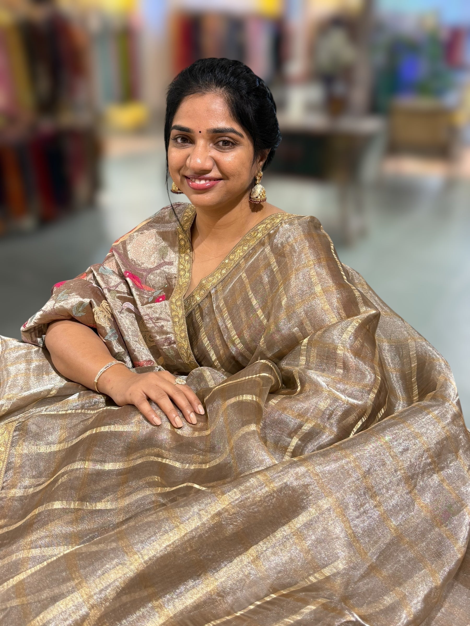 Antique Brown Banarasi Tissue checks Saree with Sabyasachi Borders