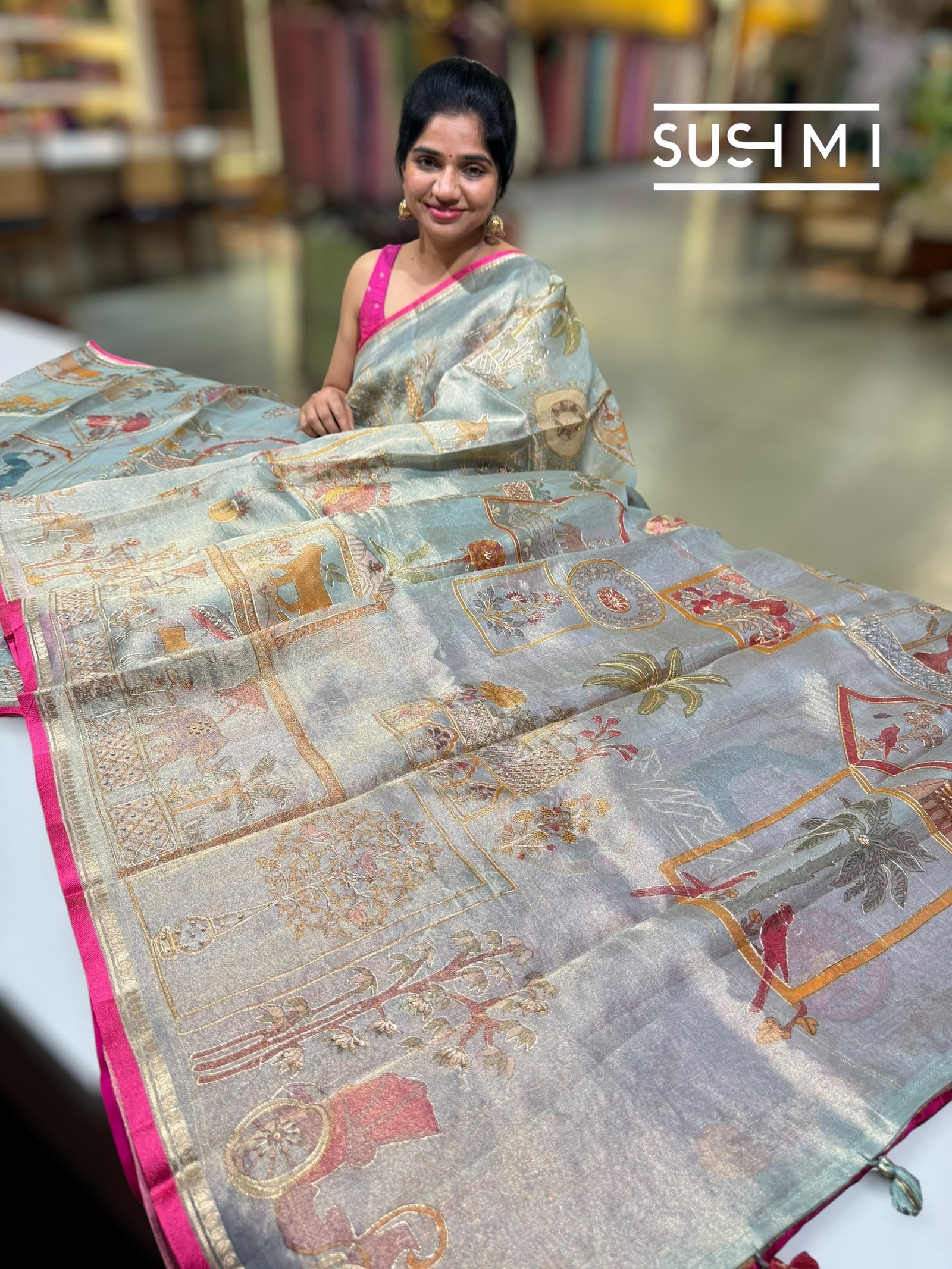 Dusty Blue Banarasi printed Tissue saree with handwork D62F055