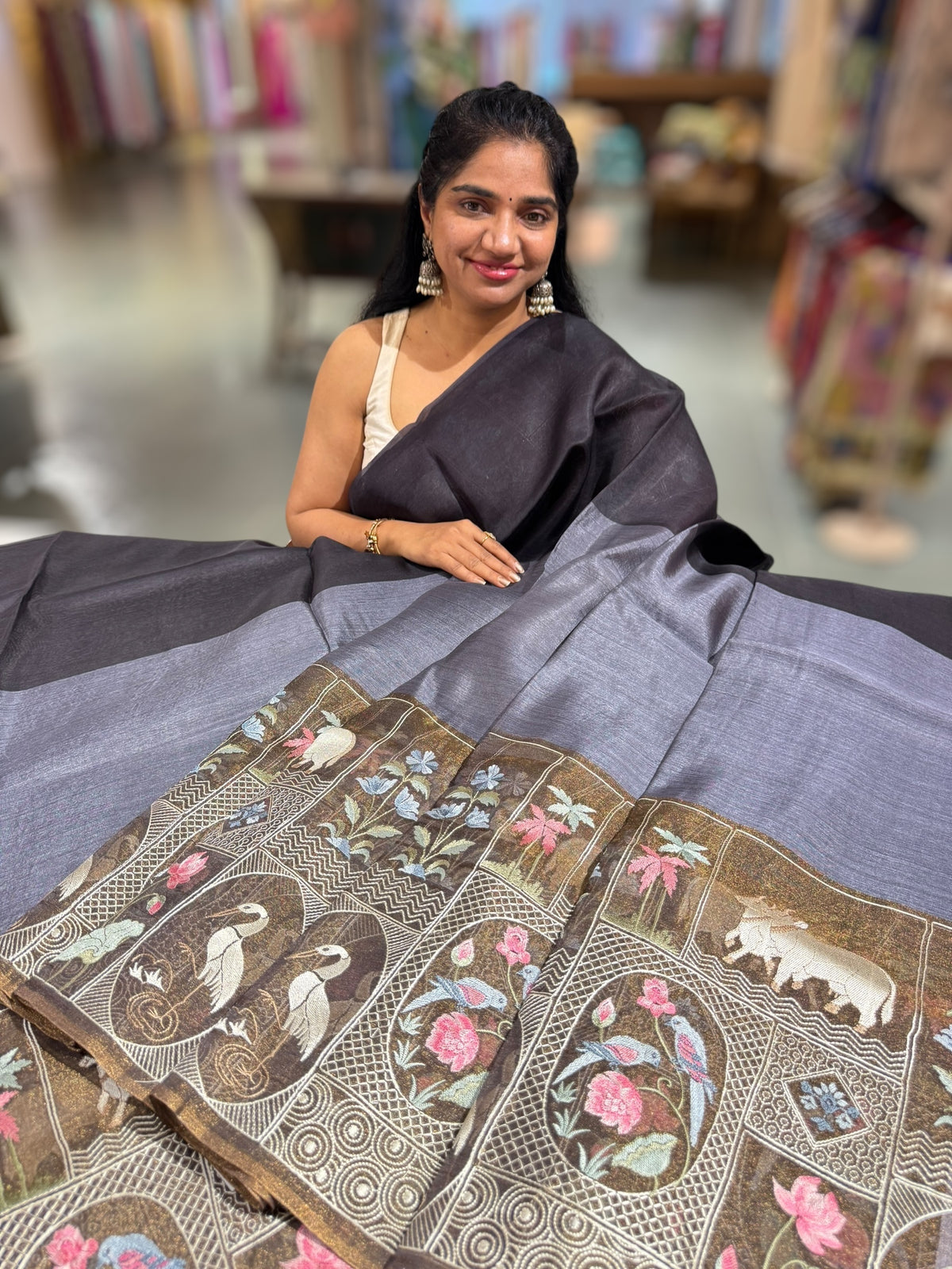 Black Kora-Tussar blend Handloom Saree with Tissue embroidered Skirt Border