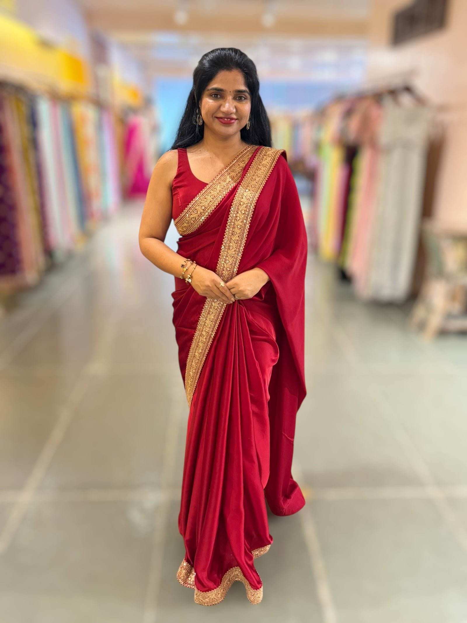 Maroon Red Pure Satin Saree with Sabhyasachi Borders