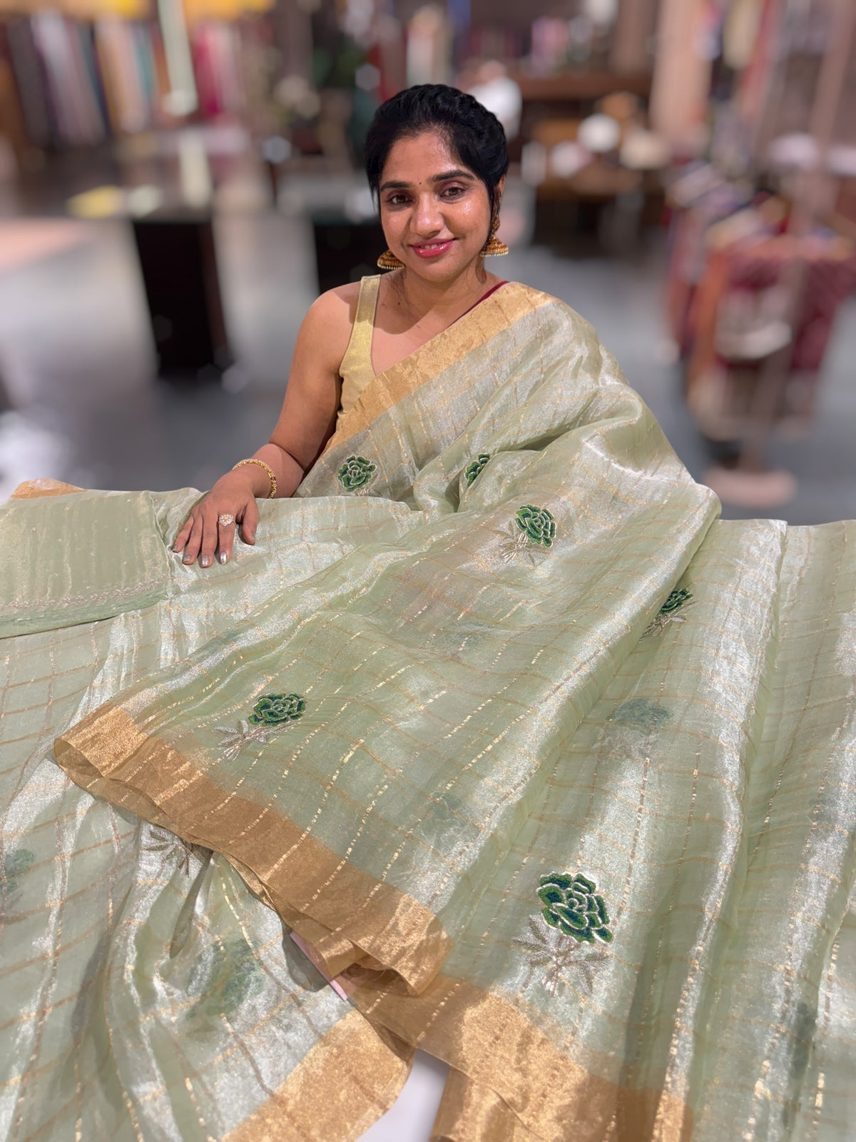 Pastel green checks tissue with allover rose embroidery