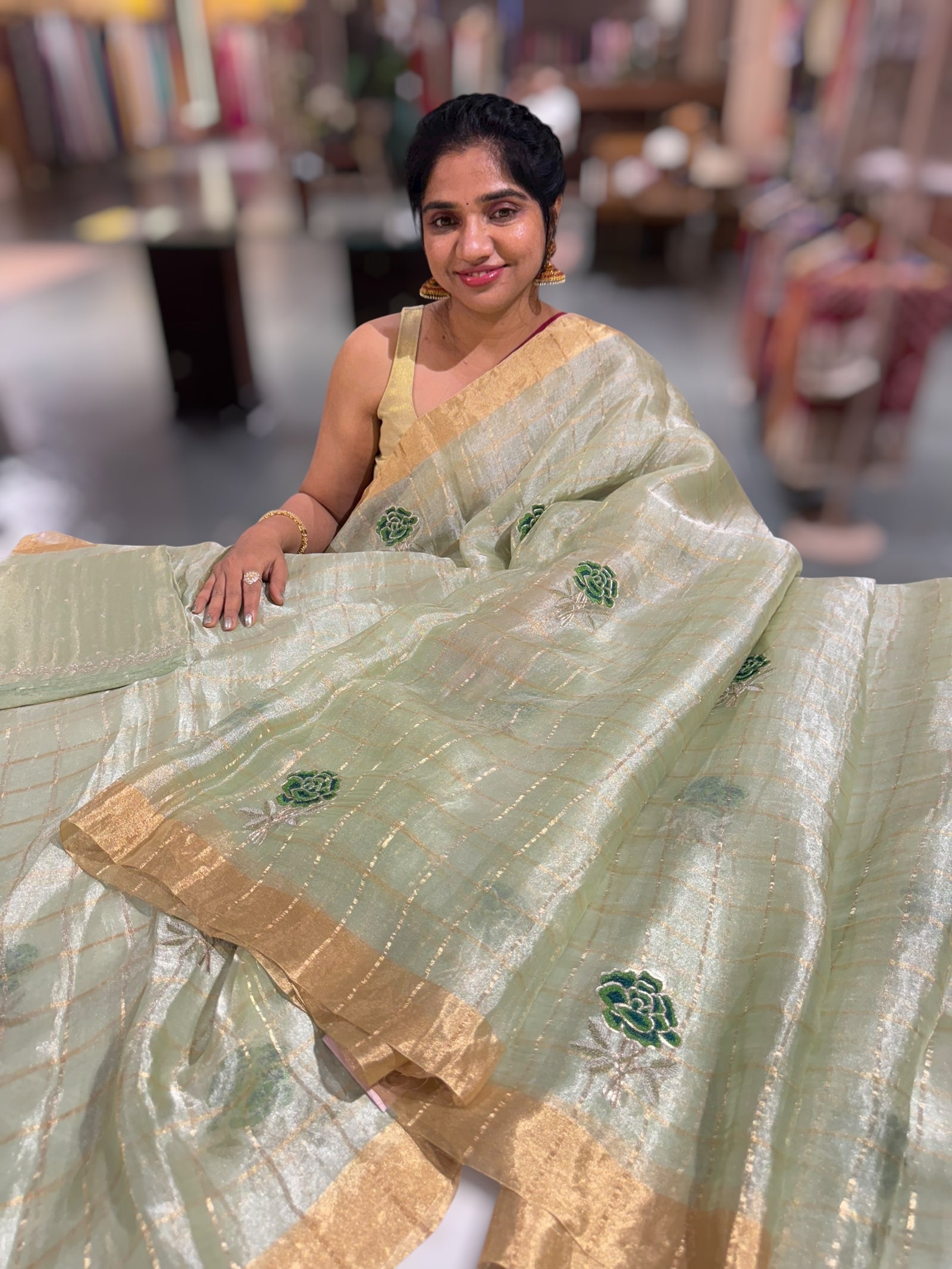 Pastel green checks tissue with allover rose embroidery