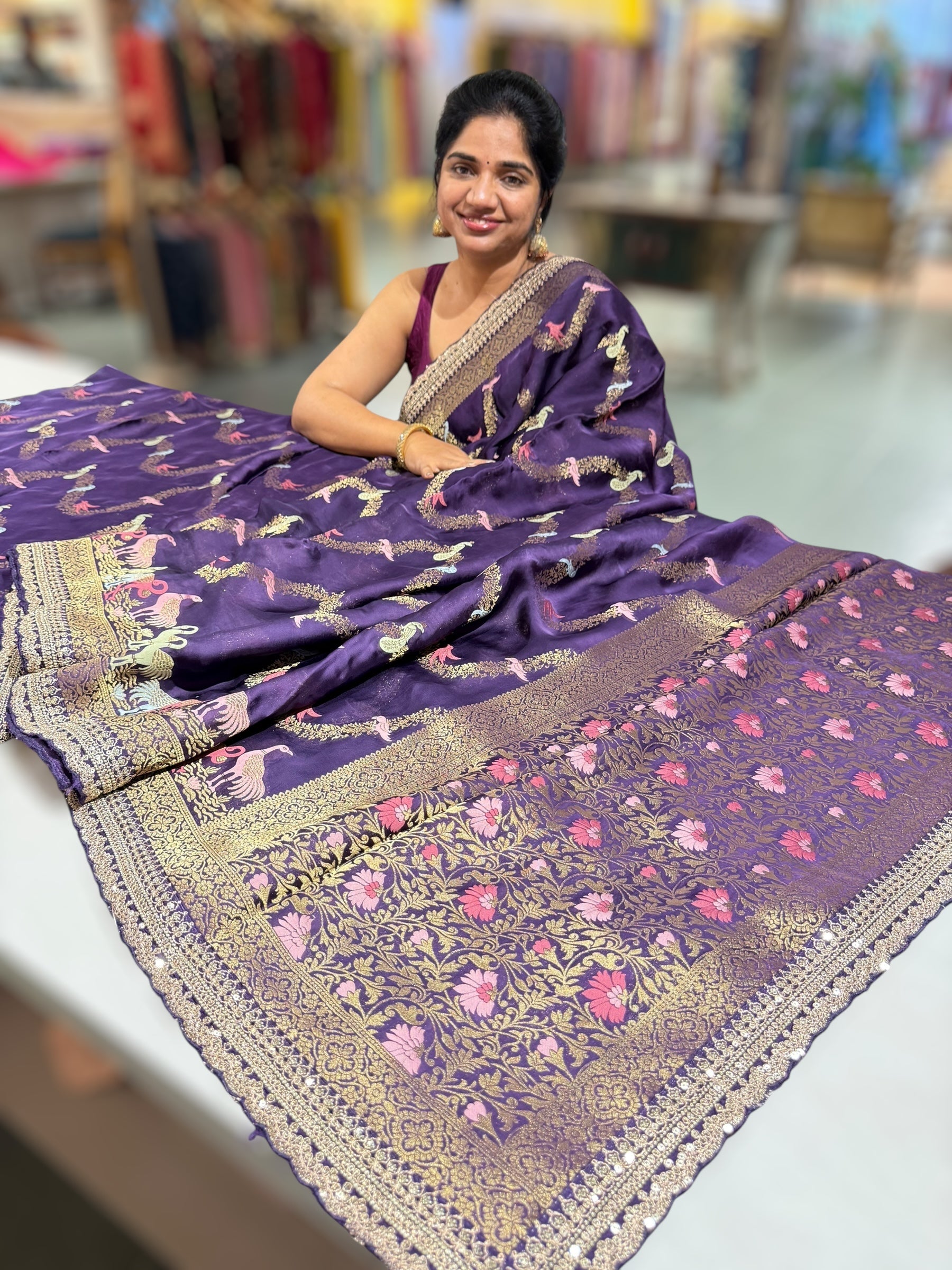 Brinjal Mashru Silk Saree with allover weaving and Sahbysachi borders and Blouse