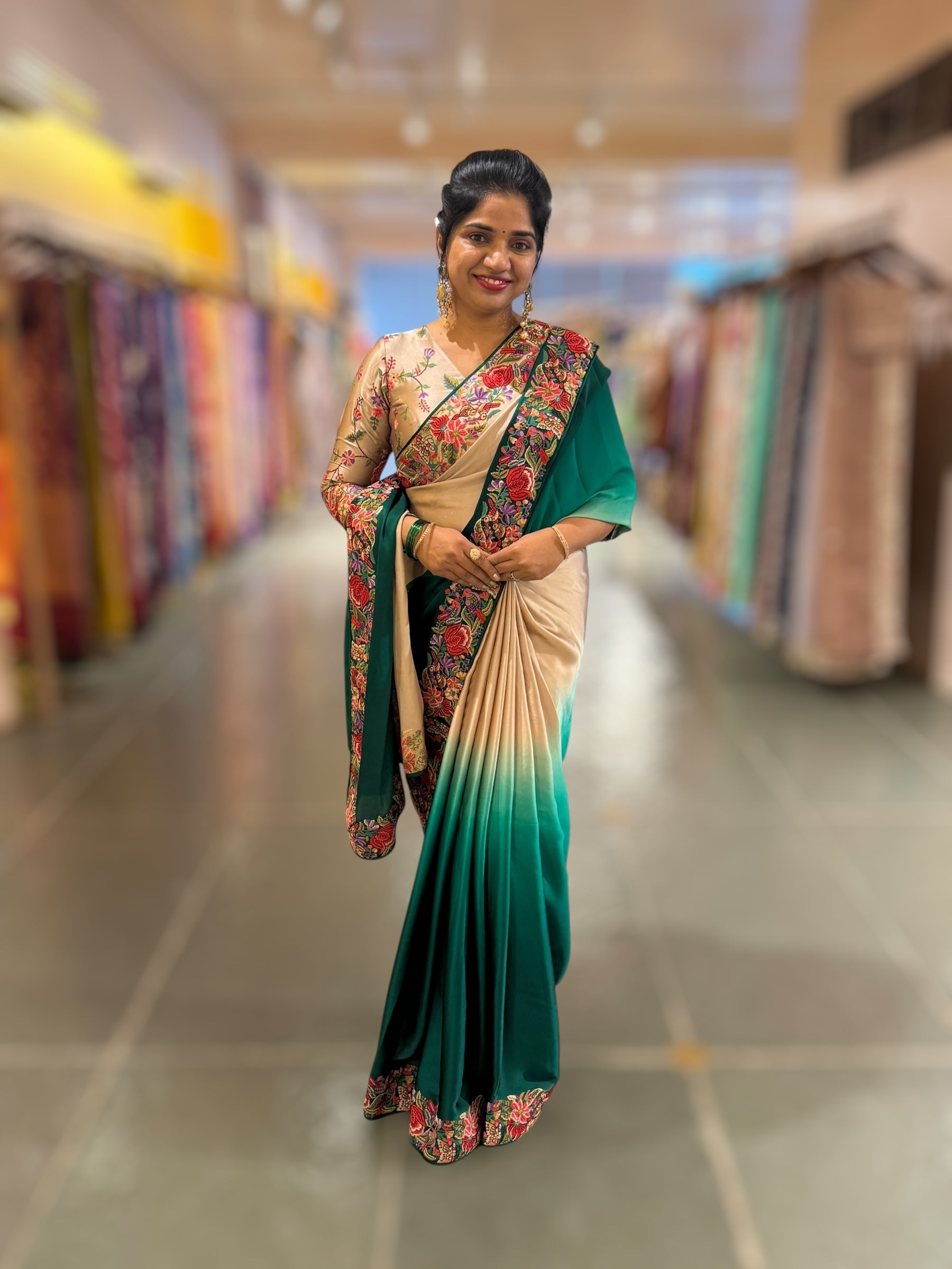 Pure Satin Ombre Dyed Saree with Petite Point Embroidered Border and blouse.