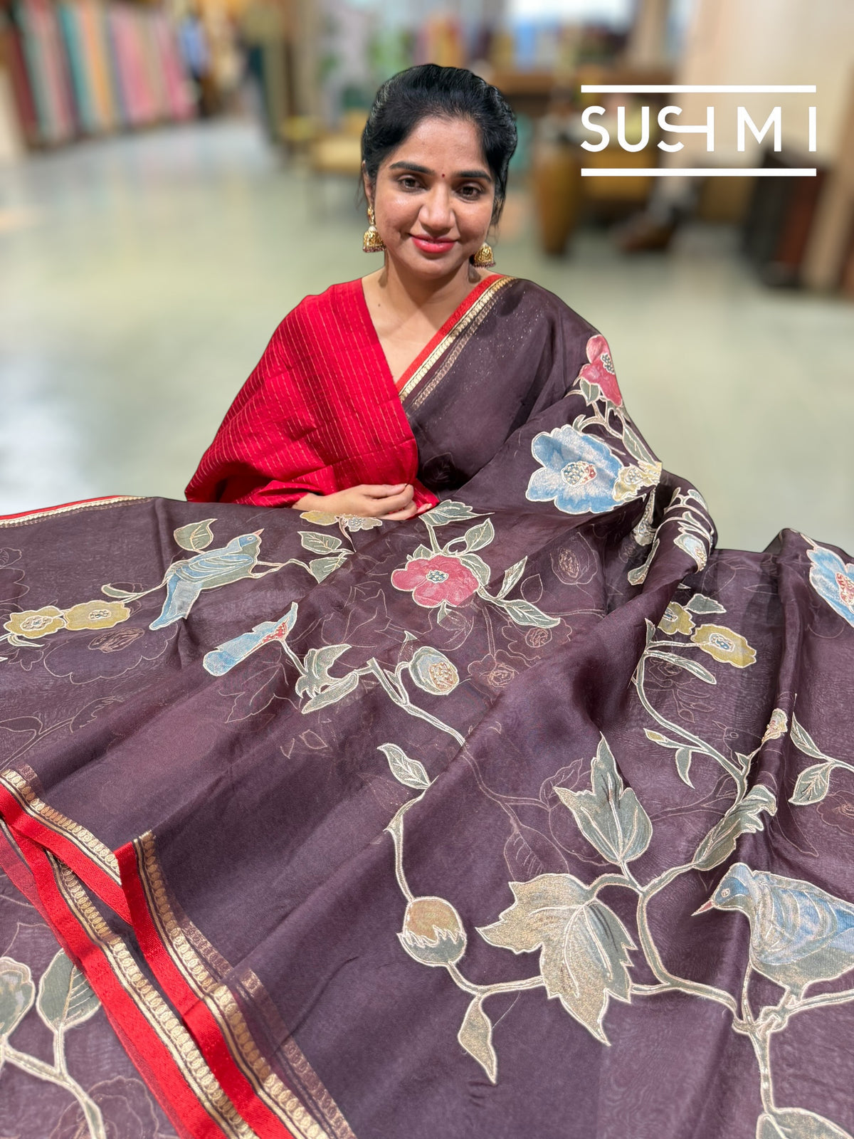 Brown Designer Organza with Tissue applique work : S62F092