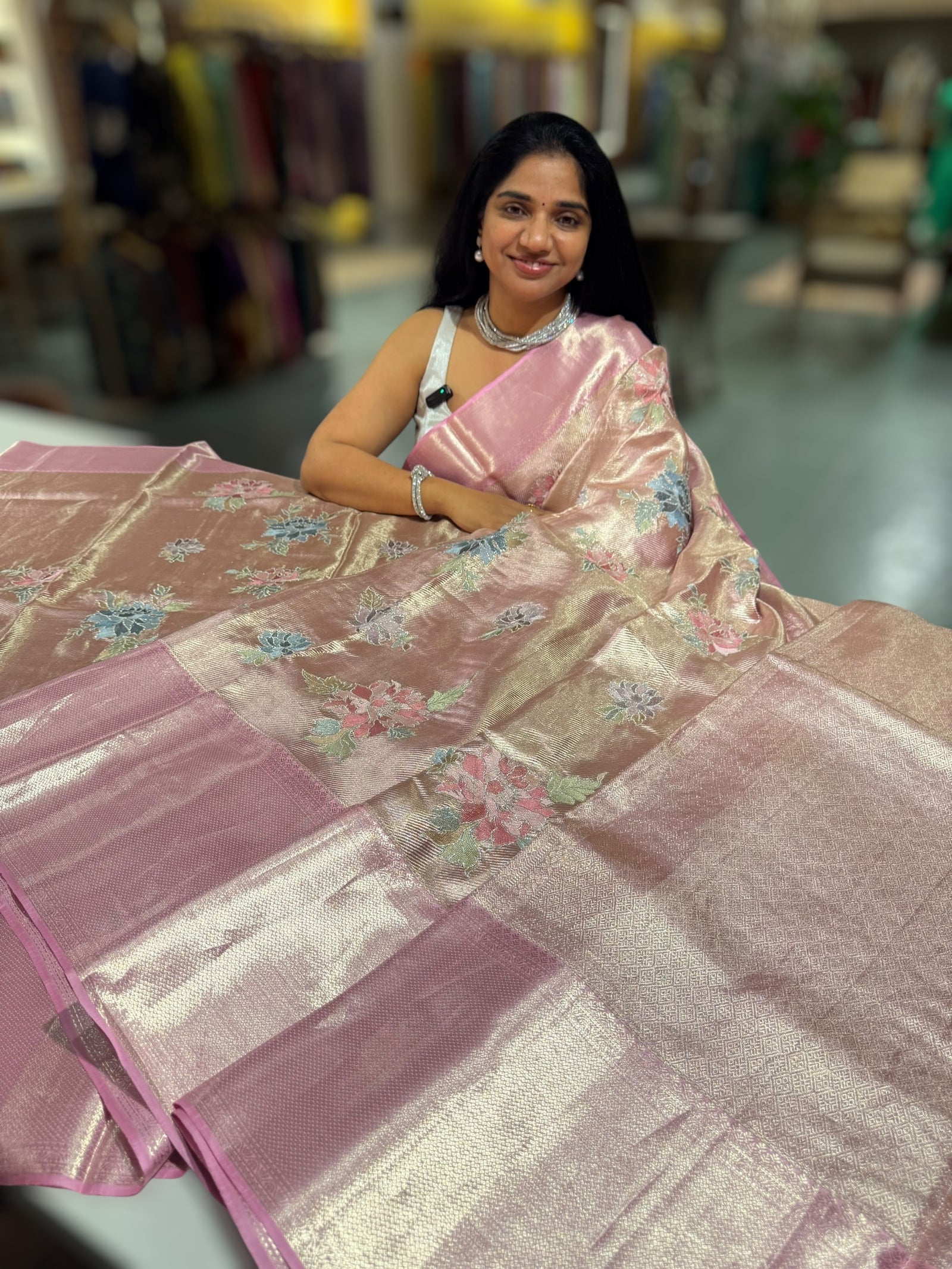 Rose Pink Designer Kanchi Saree with allover embroidery