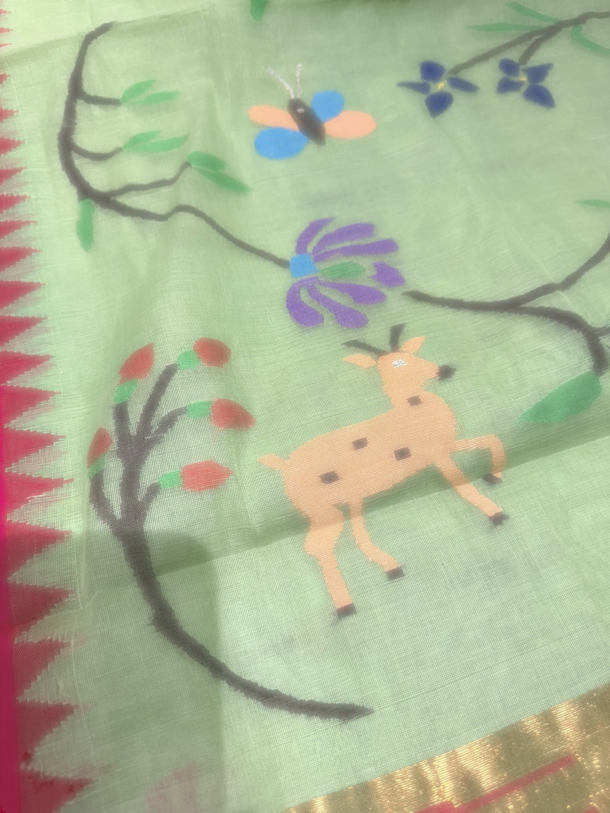 Pista Green pure handloom Ponduru Khadi jamdani Saree