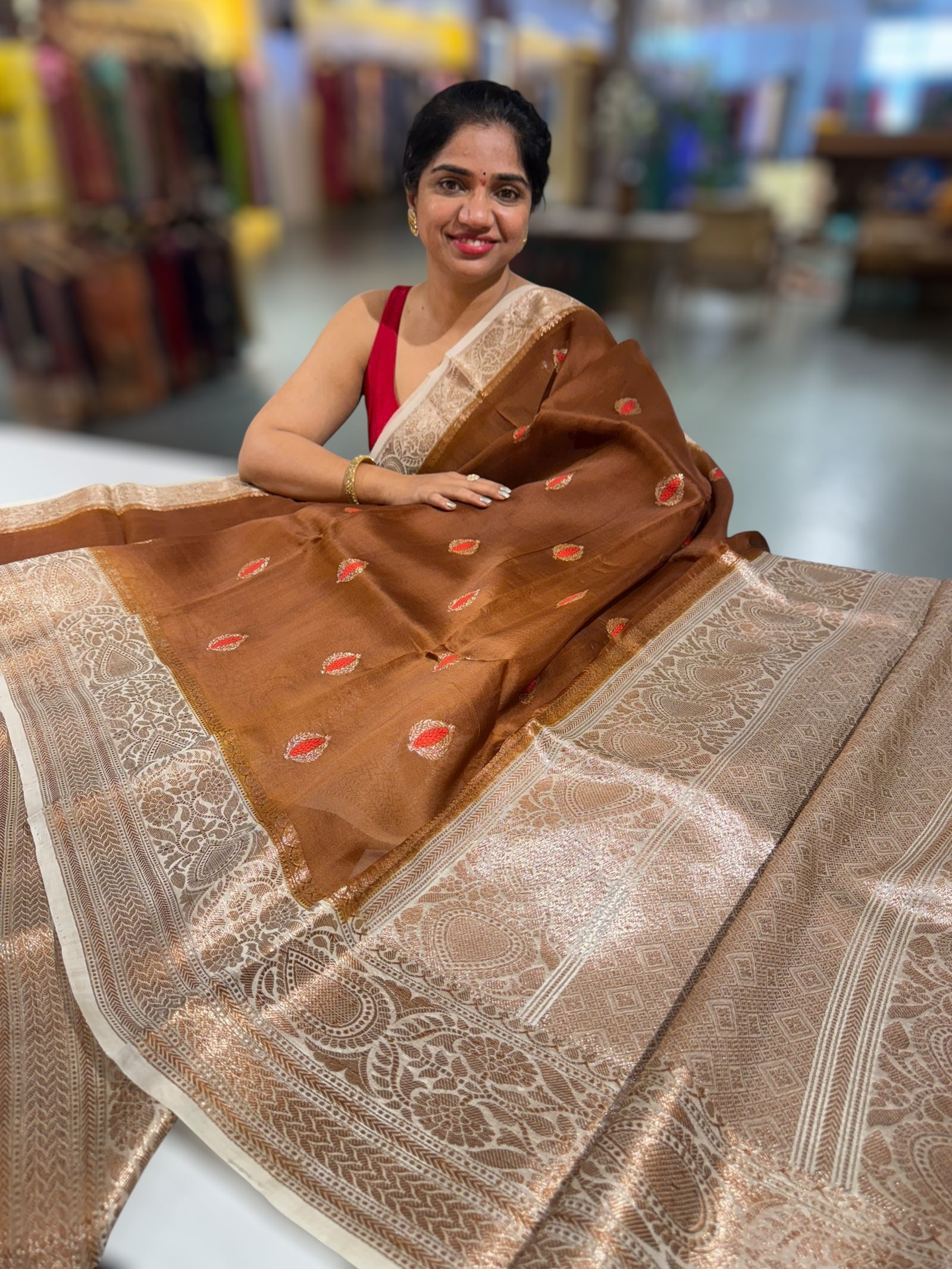 Rust Brown & Beige Combo Kora Banarasi Saree with Meenakari Kaduwa woven motifs