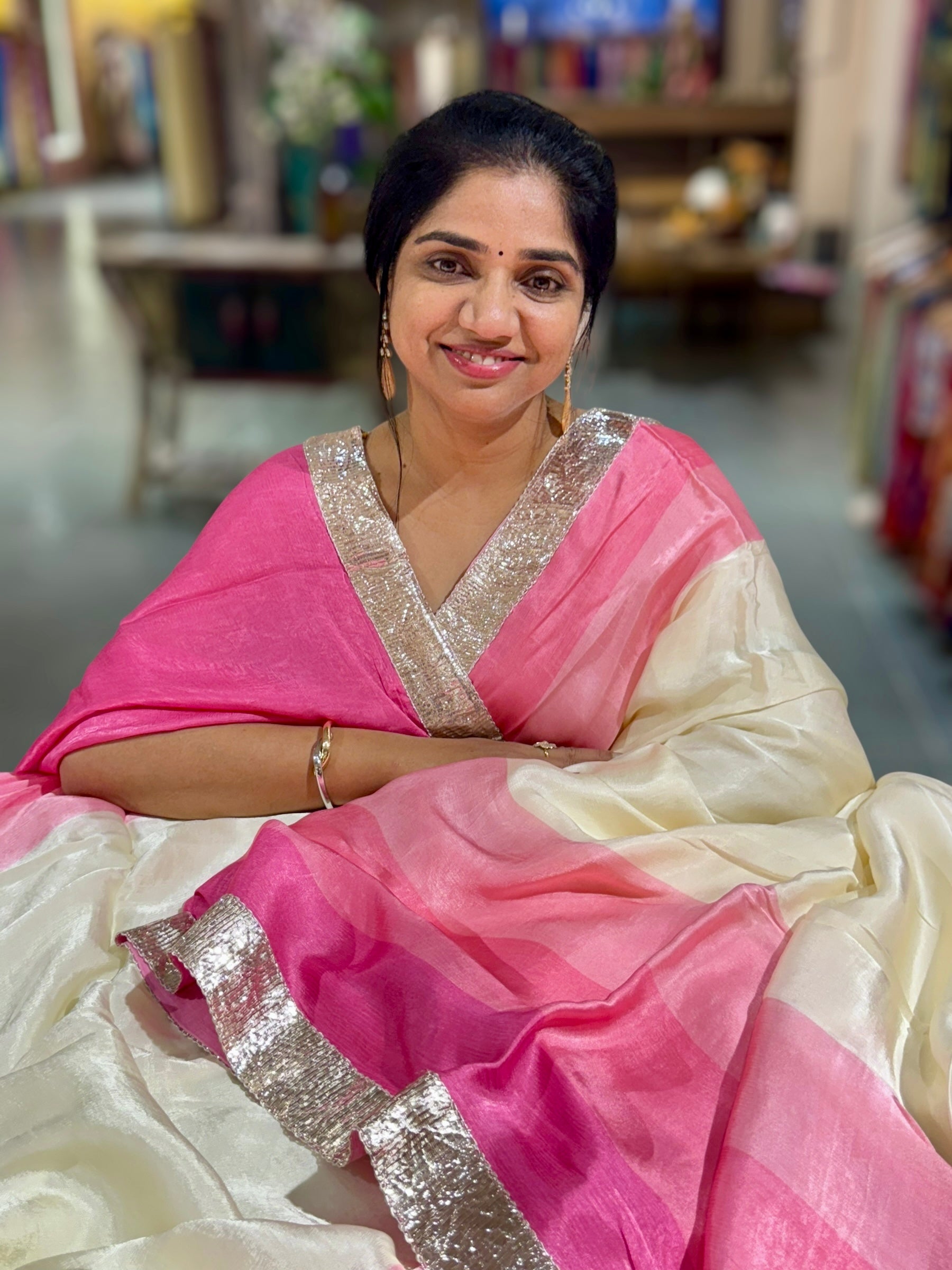 Ivory & Neon Pink Combo Chinnon Crepe Saree with Gotapatti Borders