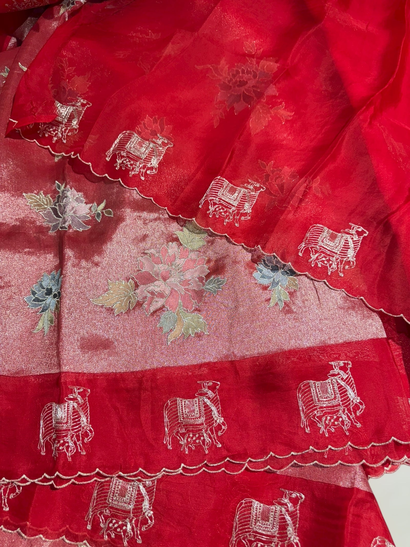 Red Premium Handloom Designer Tissue saree with exquisite embroidery