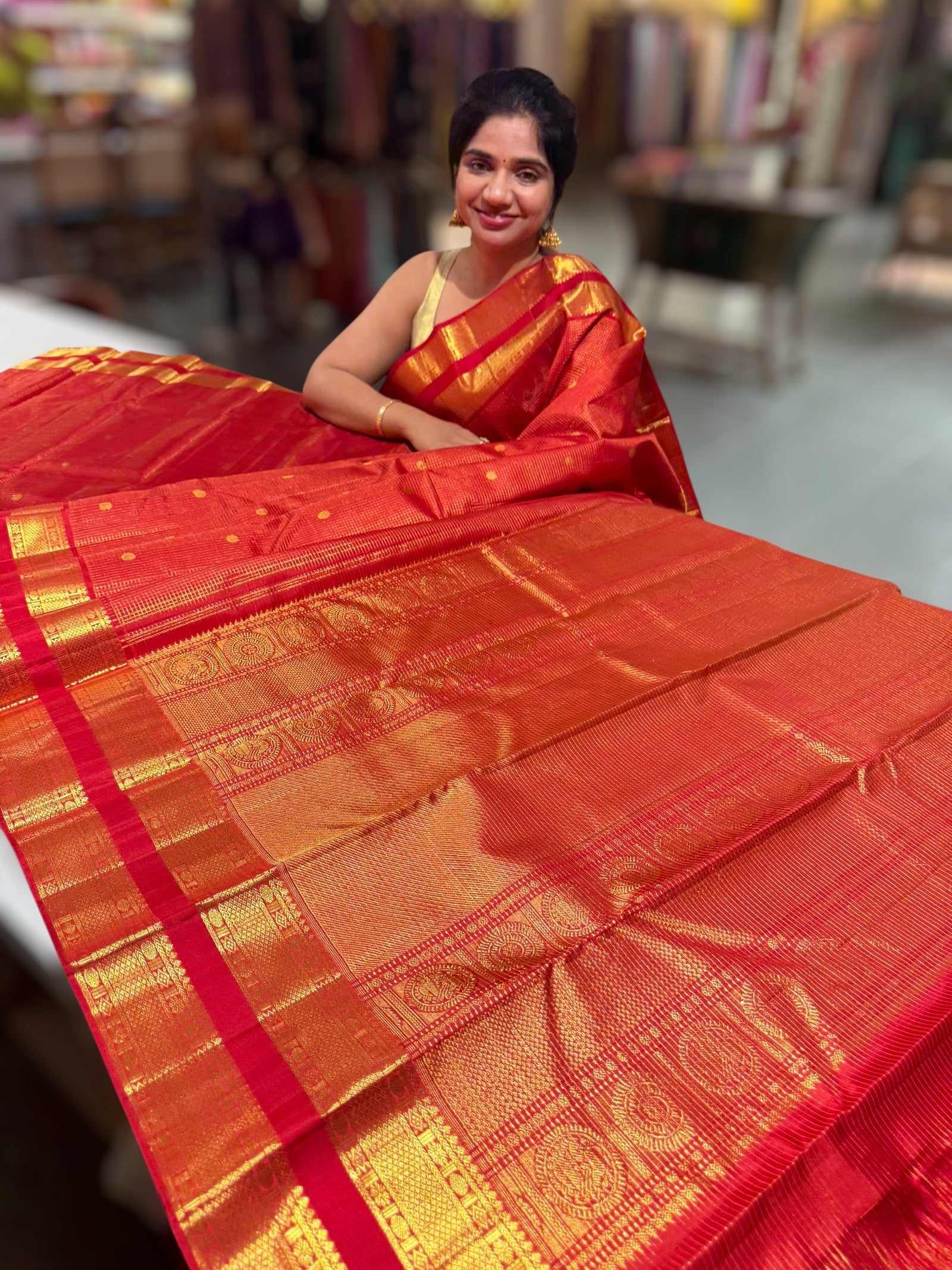Orangish Red Vaira Oosi Checks Vintage Kanjeevaram Saree