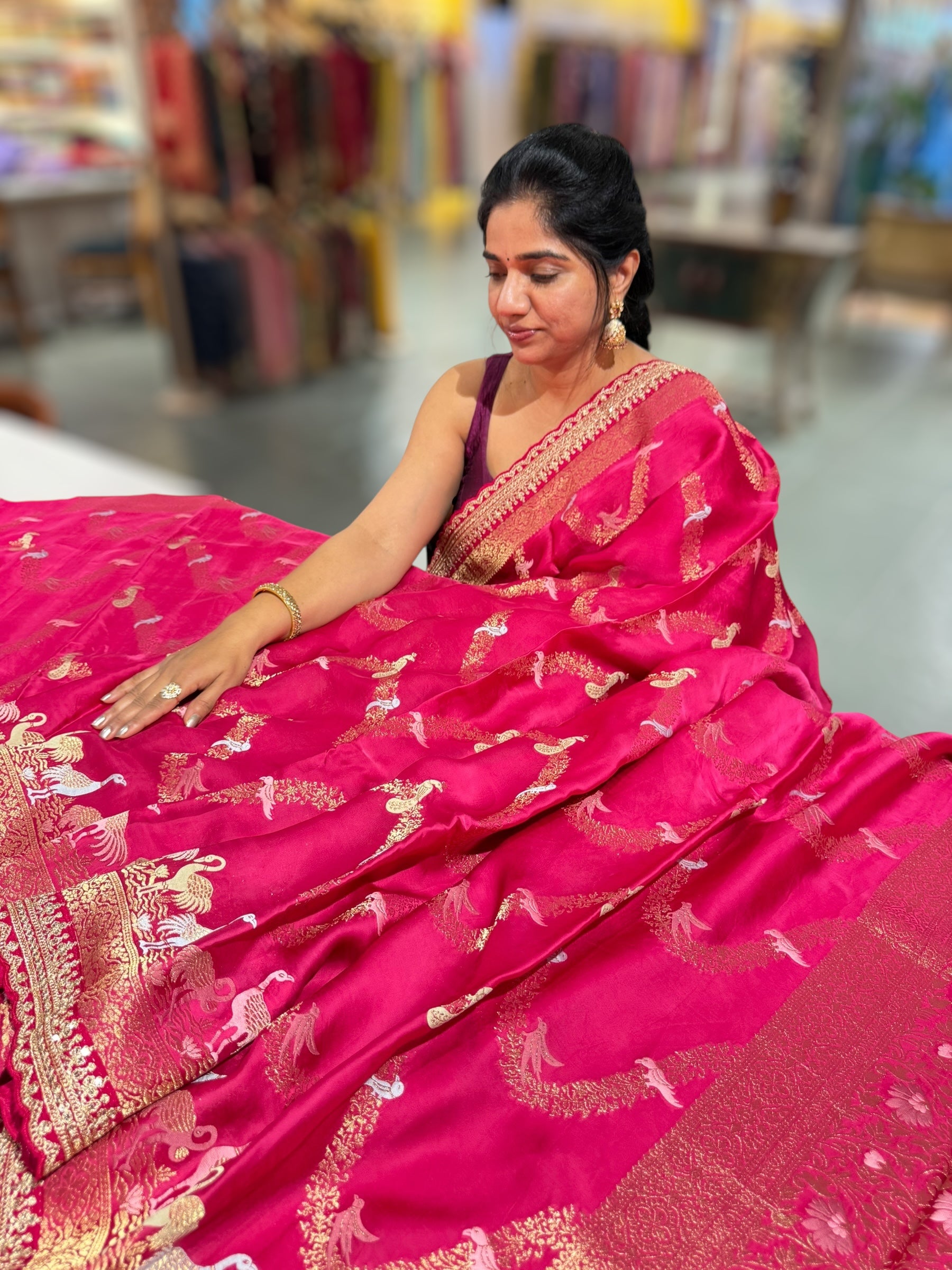 Dark Pink Mashru Silk Saree with allover weaving and Sahbysachi borders and Blouse