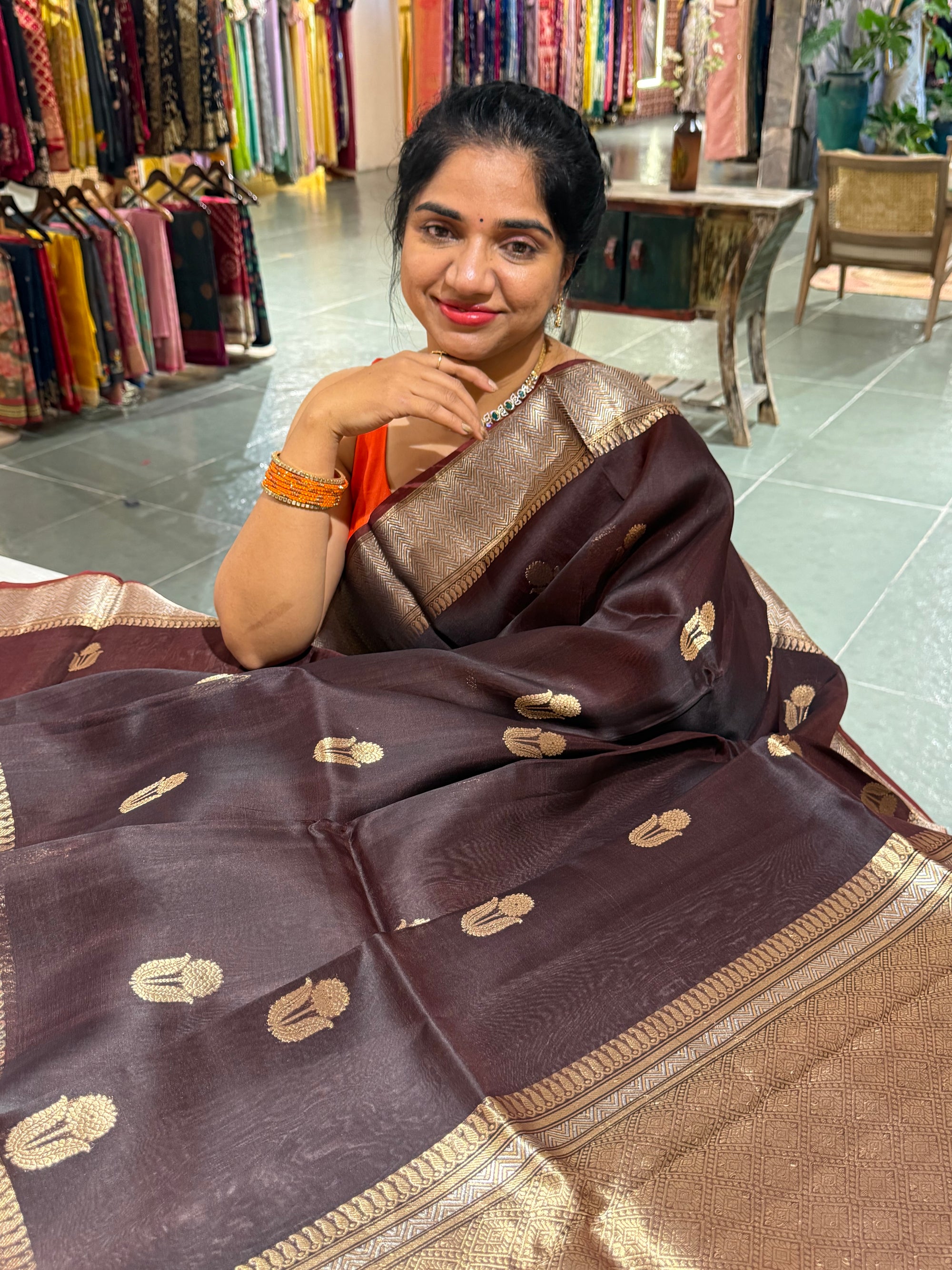 Dark Choclate Premium Kora Banarasi Saree with heavy weaving borders and Raw mango style motifs