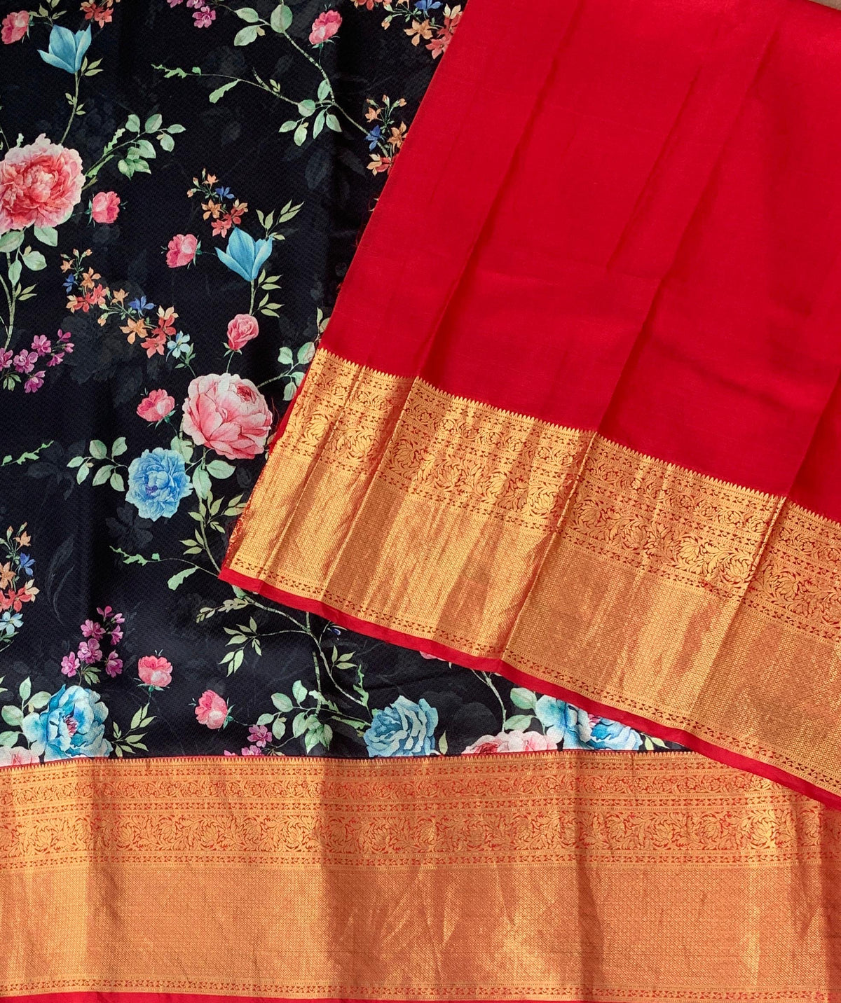 Black Designer printed kanchi silk saree