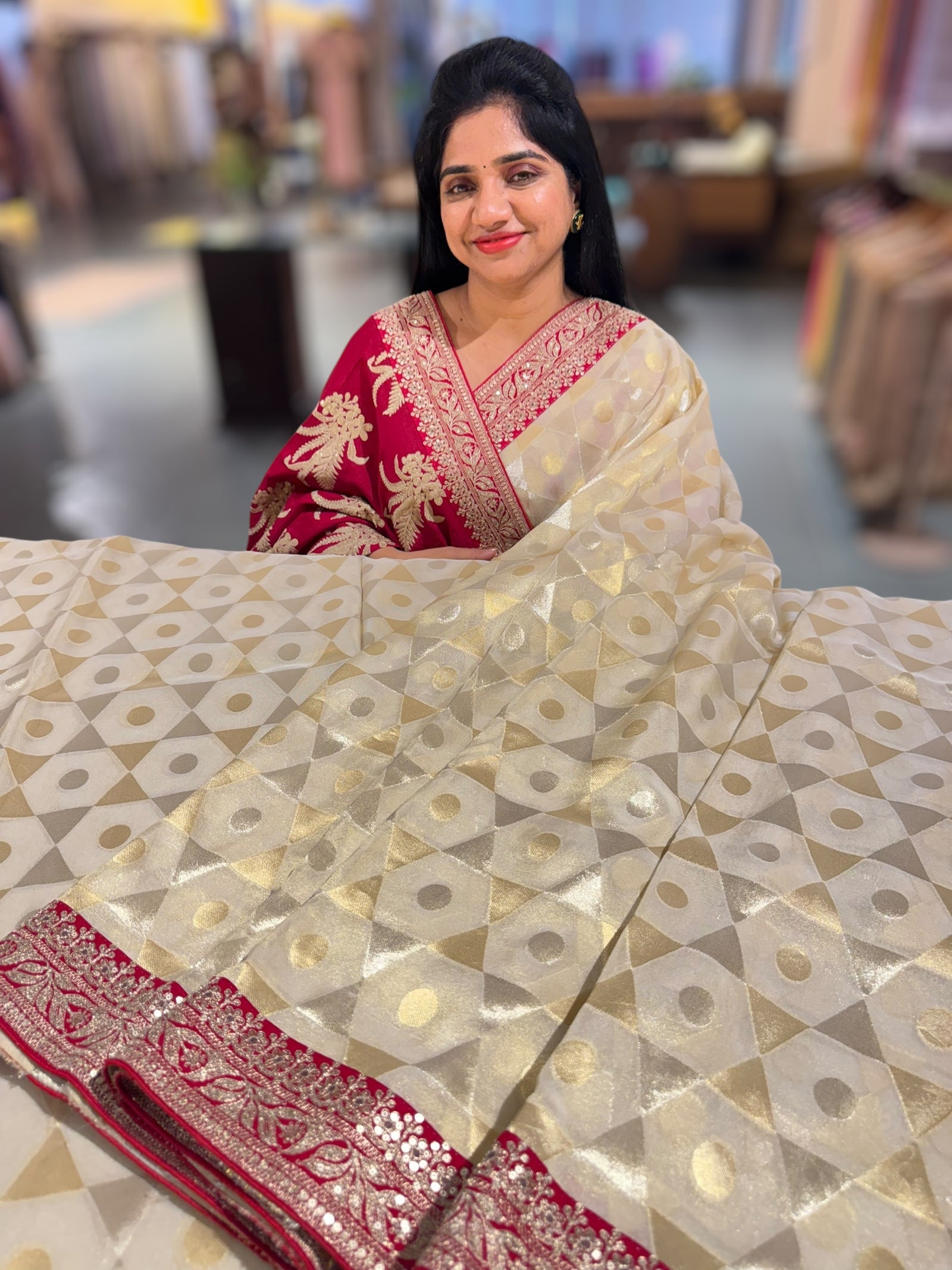 Beige Tissue Saree with Sabhyasachi borders