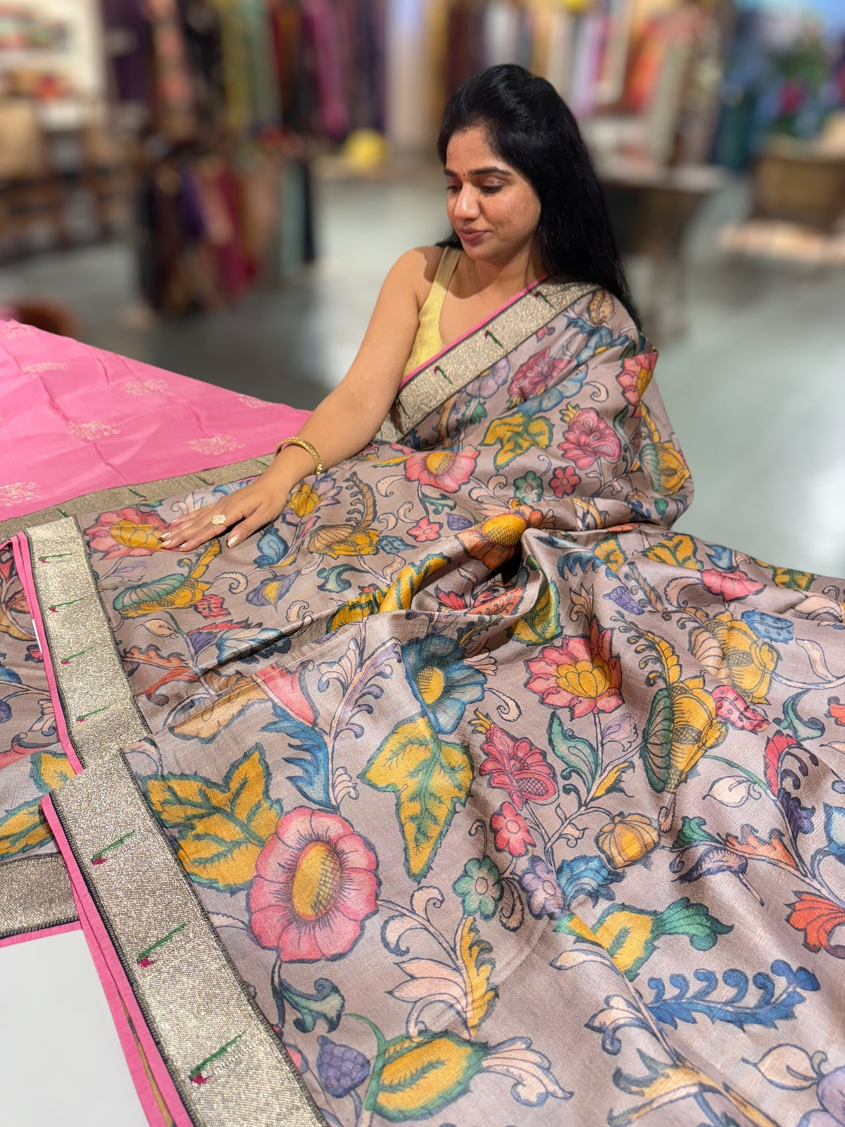 Pure Handloom Tussar kalamkari Saree with pythani single muniya borders