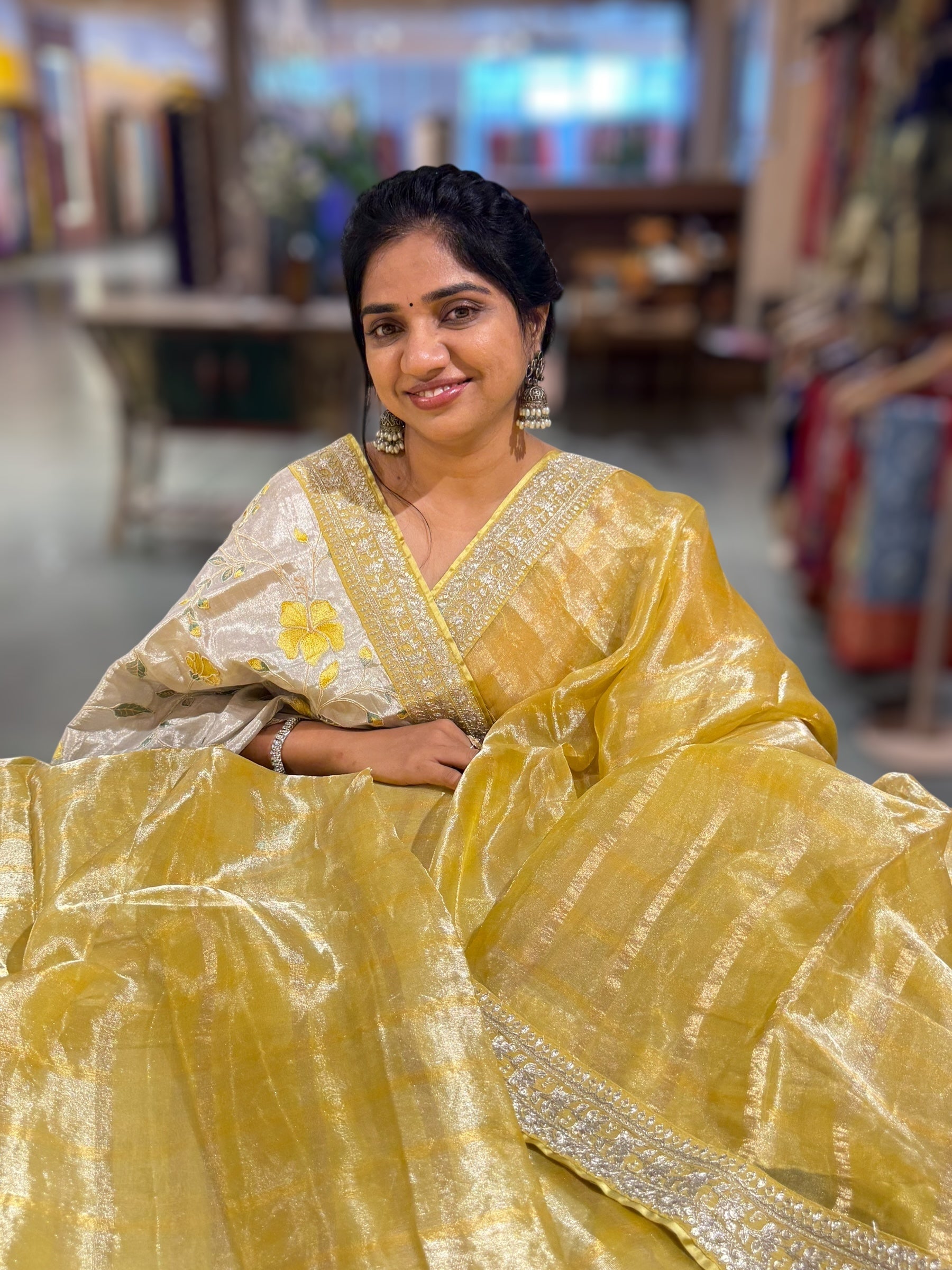 Lemon Yellow Banarasi Tissue checks Saree with Sabyasachi Borders