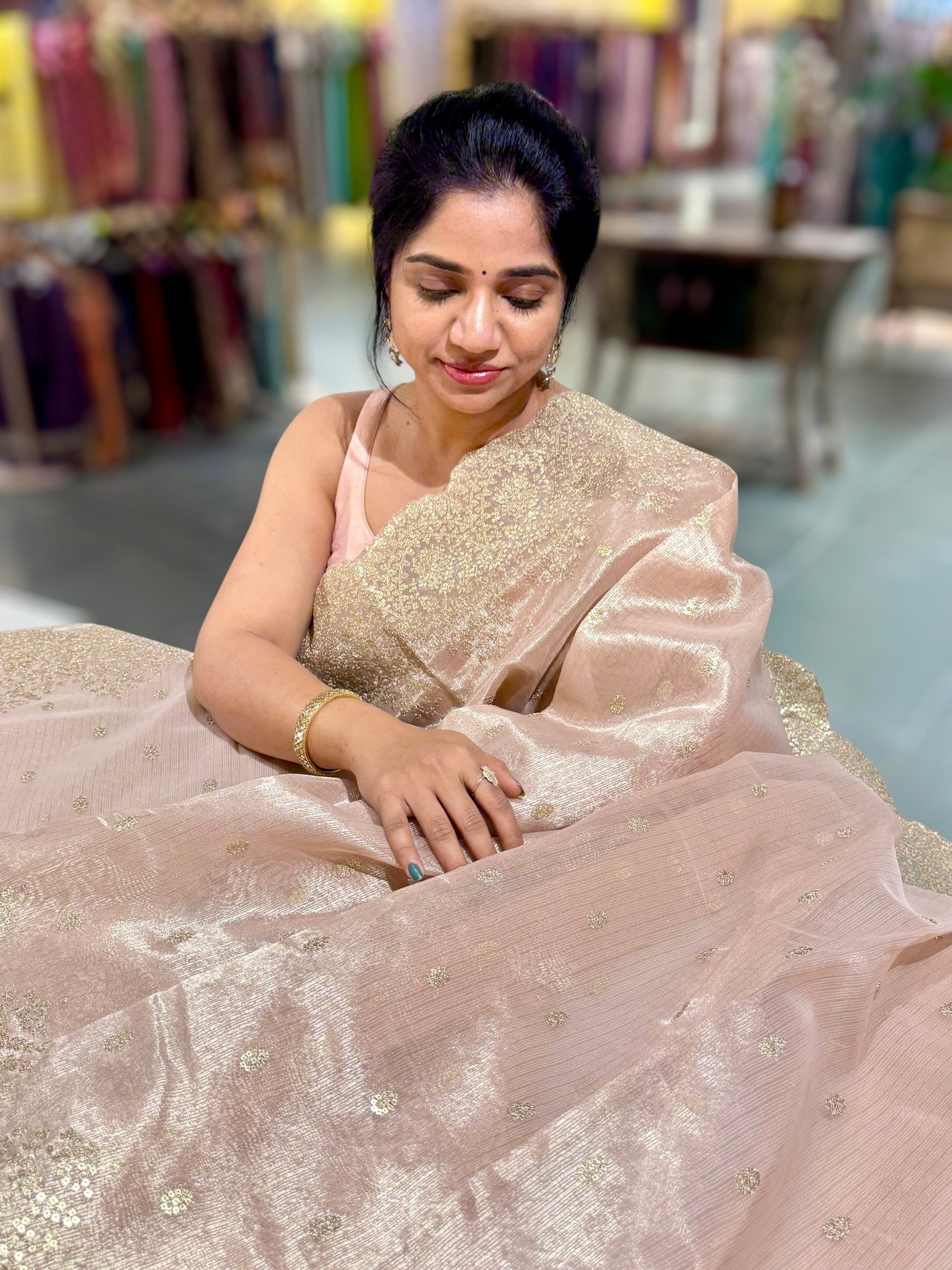 Pastel Pink Tissue Saree with Heavy Sequence Embroidered Scallop Border